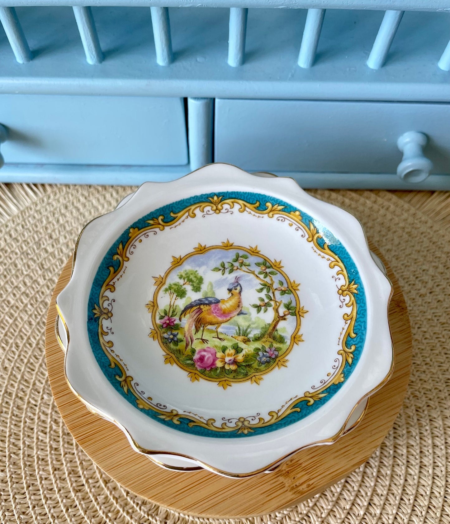 Rare Vintage Royal Albert "Chelsea Bird" Petit Four Dish, Fine Bone China, Pheasant Bird Blue Design, Previously Loved Antique, Made England