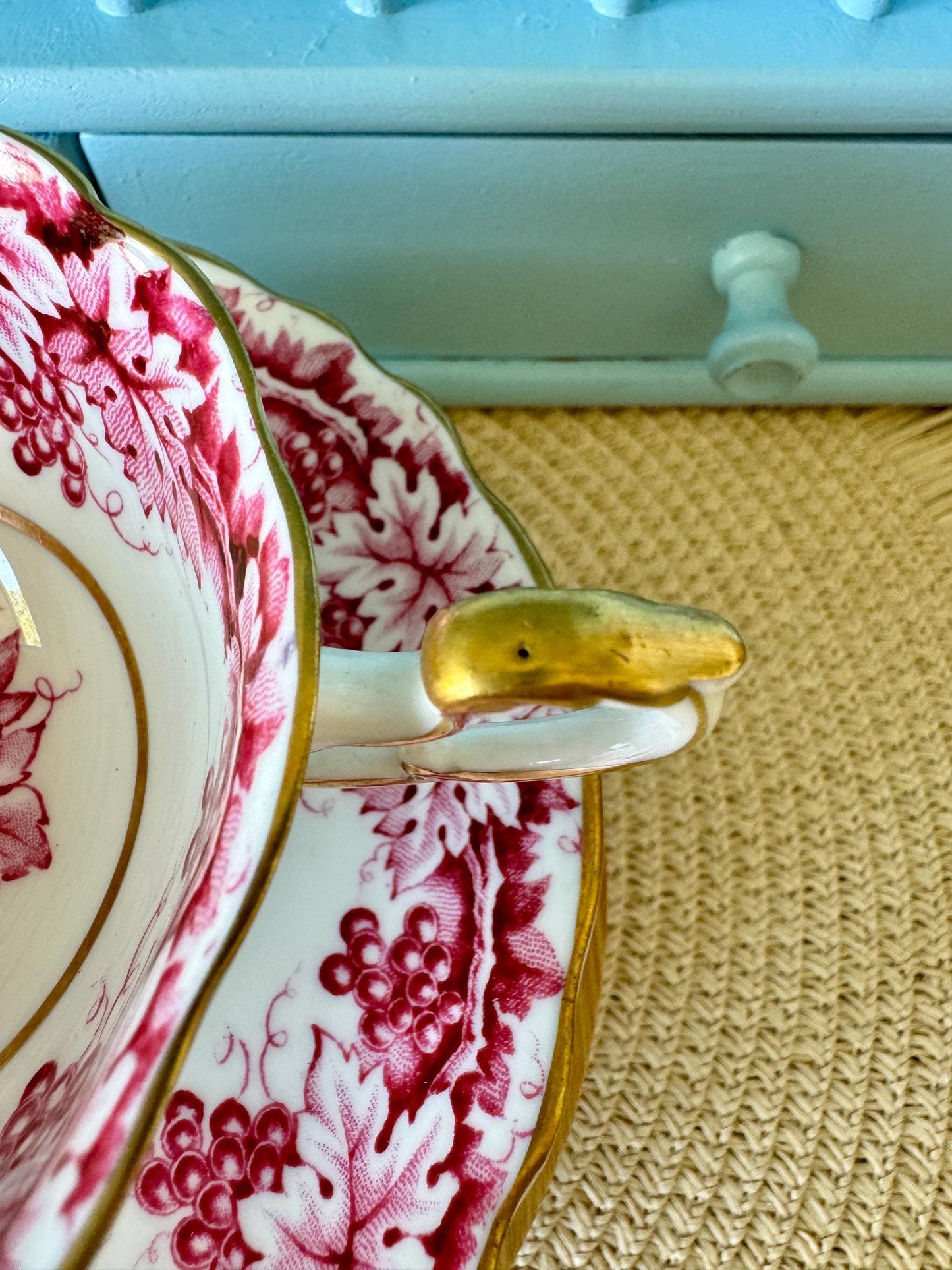 Very Rare Vintage 1940s Paragon Wine Red Leafs Gold Duo, Bone China, Floral Wine Leaf Design, Double Warrant, Appointment HM Queen Elizabeth