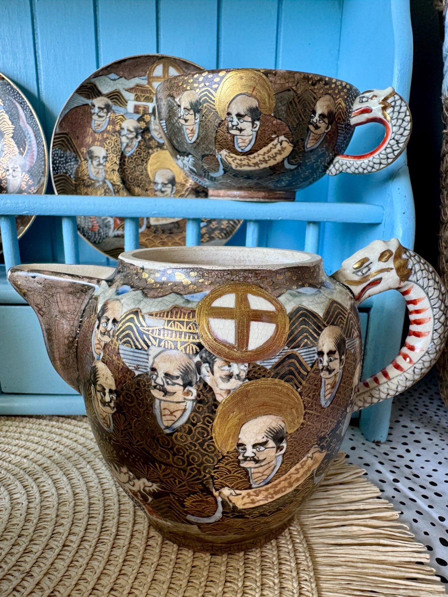 Antique Japanese Satsuma Tea Set, Meiji Era Dragon Handle Teacups, Creamer & Sugar Jar, HandPainted Gilt Porcelain, Satsuma Immortals, Japan