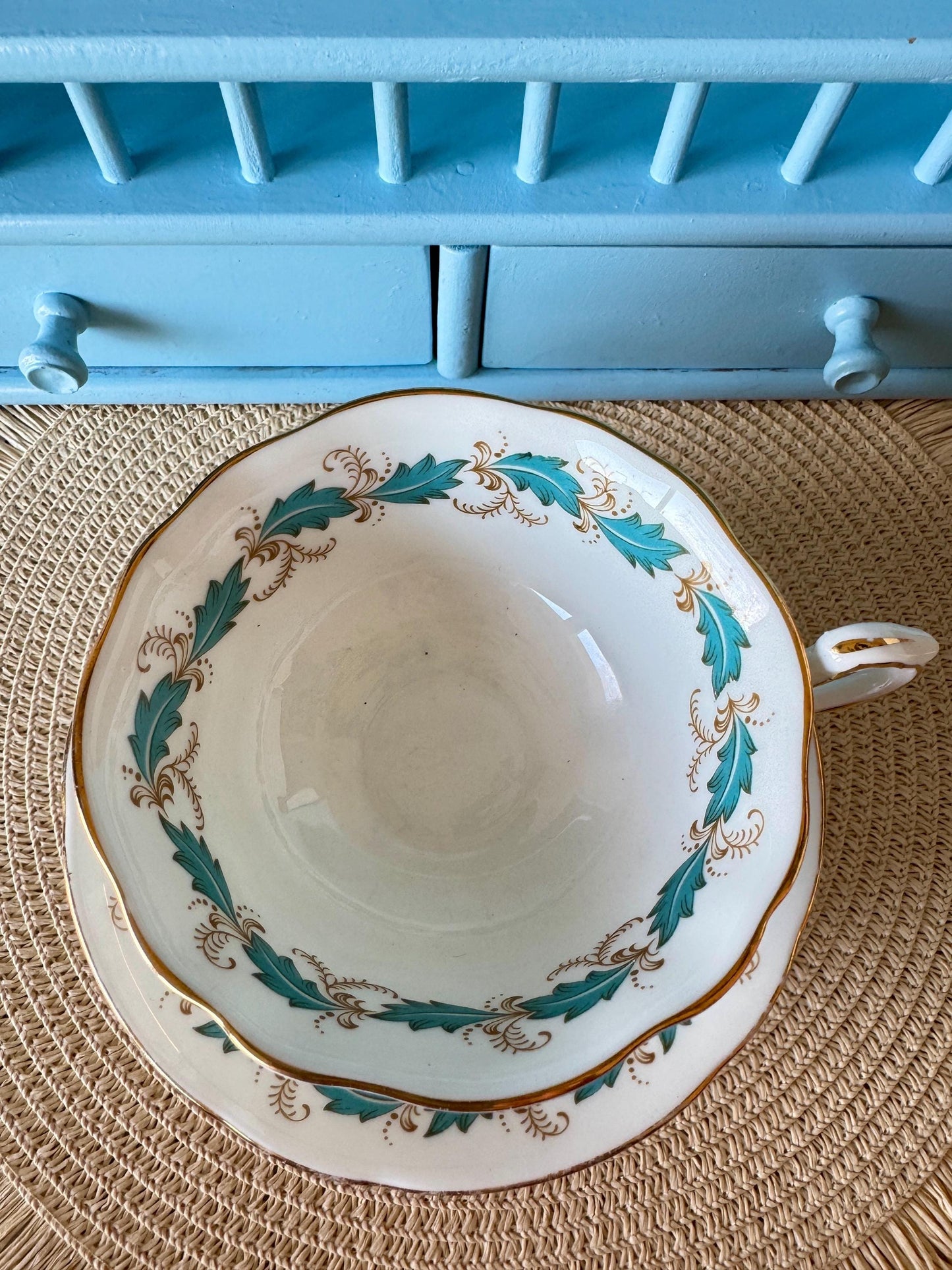 Vintage 1970s Paragon Affection Blue Leafs Gold Duo, Bone China, Floral Blue Leaf Design, Preciously Loved, Appointment HM Queen Elizabeth