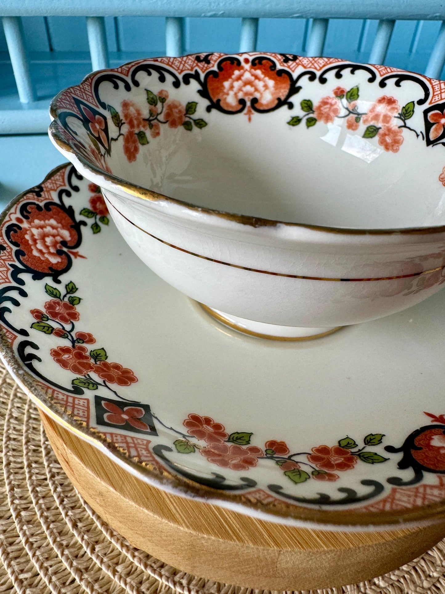 Rare Vintage Aynsley Teacup and Saucer Set ,Very Good Condition, Red and Blue Roses Design, Crafted 1940's, Bone China, Crazing, England