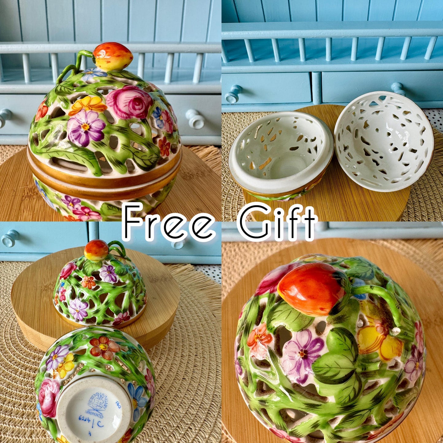 Rare Vintage Herend Porcelain Bonbonniere with FREE GIFT, Exquisite Design, Hand-Painted, Gold-Plated, Large Open Work Basket, Made Hungary
