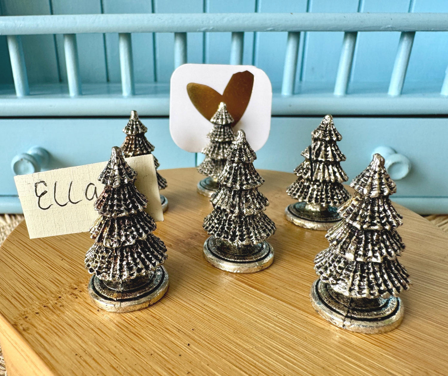 Set of 6 Christmas Tree Place Card Holders, Miniature Silver Tone Metal Table Decor, Name Card Display, Dinner Party Supplies, Event Props