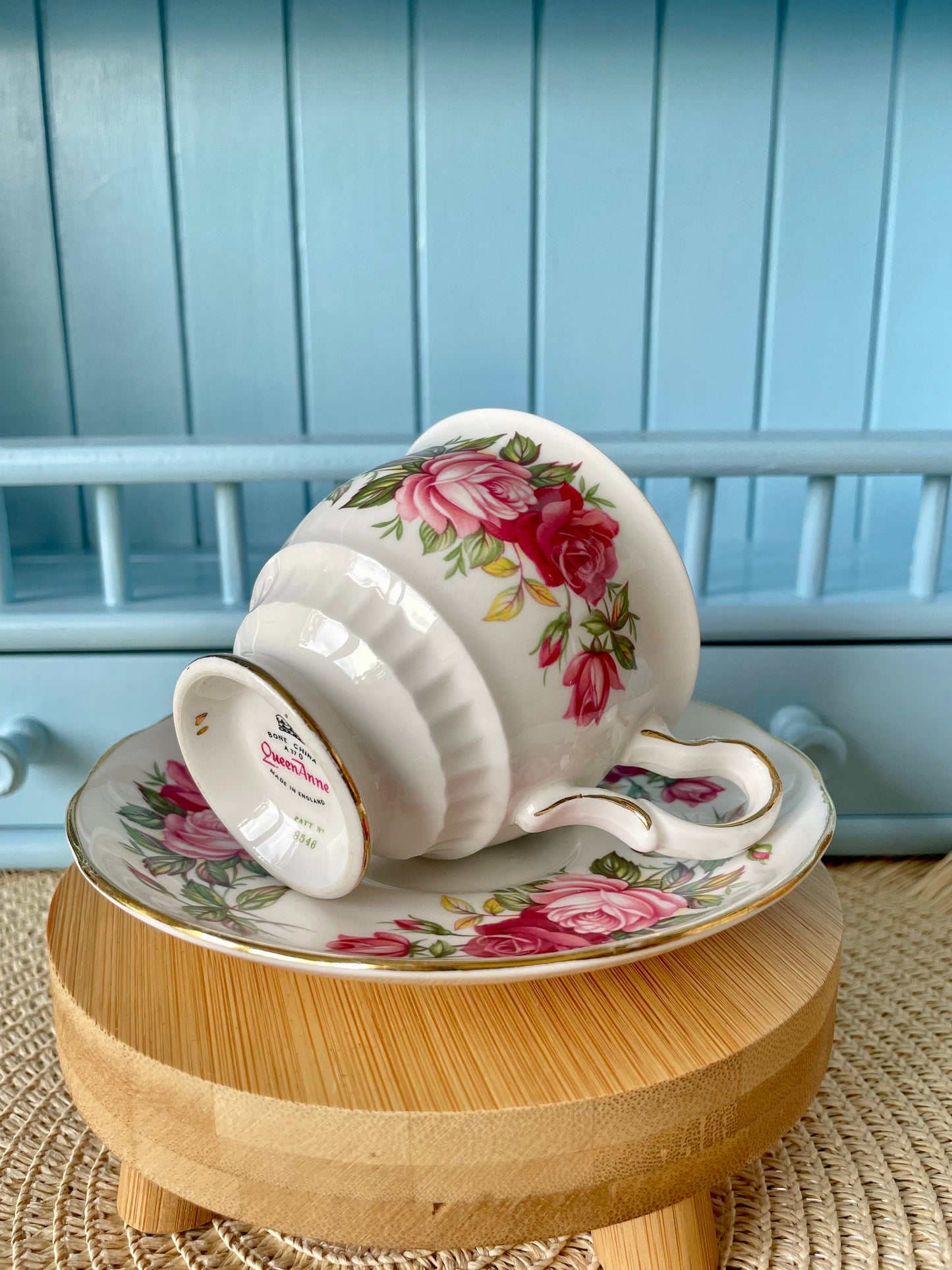 Vintage Queen Anne Cherry Blossom, Pink Floral Bone Tea Cup and Saucer, Antique English China, Previously Loved, Ribbed Cup, Made in England