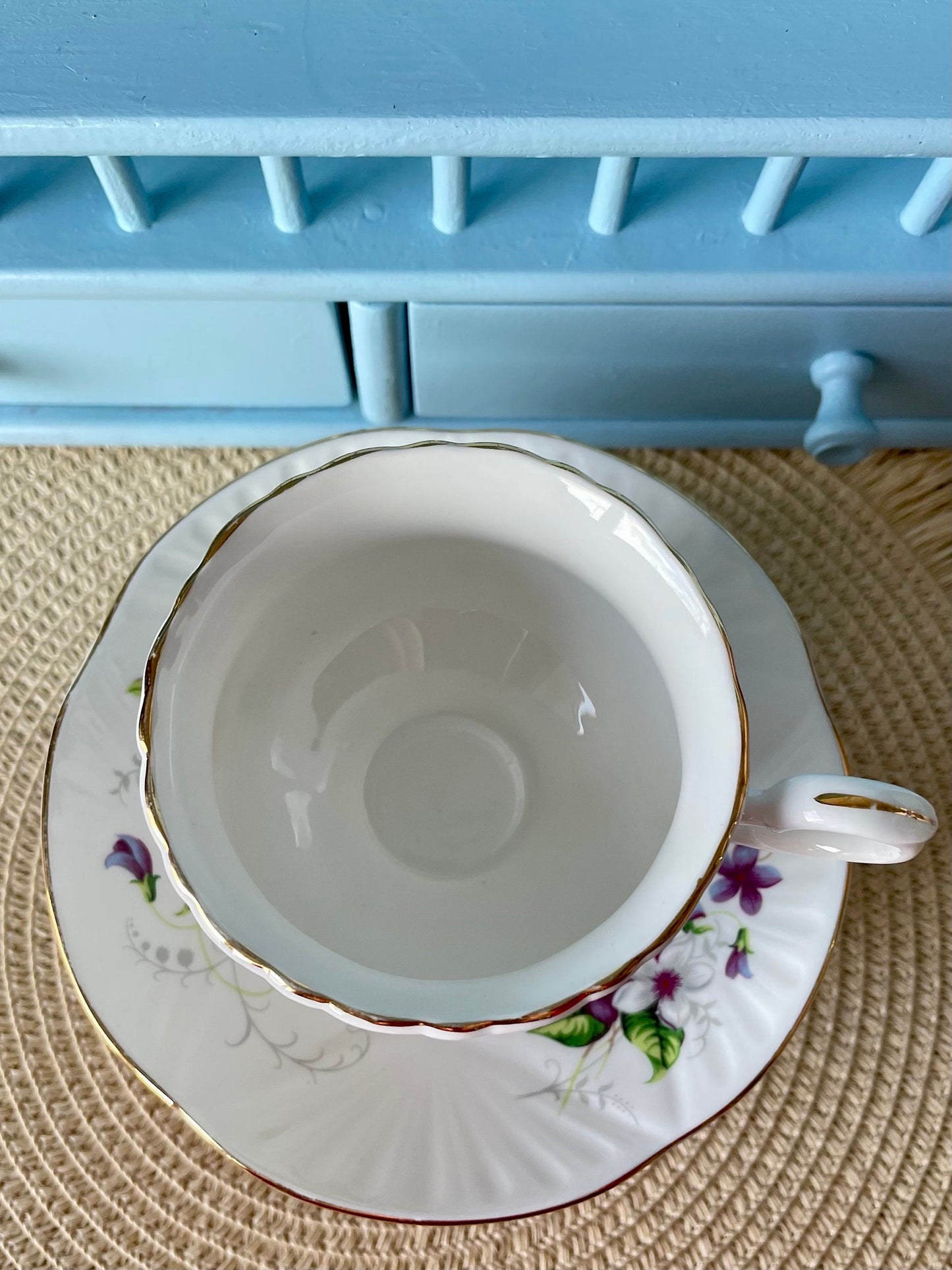 Vintage Crown Staffordshire Tea Cup and Saucer, Purple Pansies, Fine Bone China, Previously Loved Antique Tea, For High-Tea, Made in England