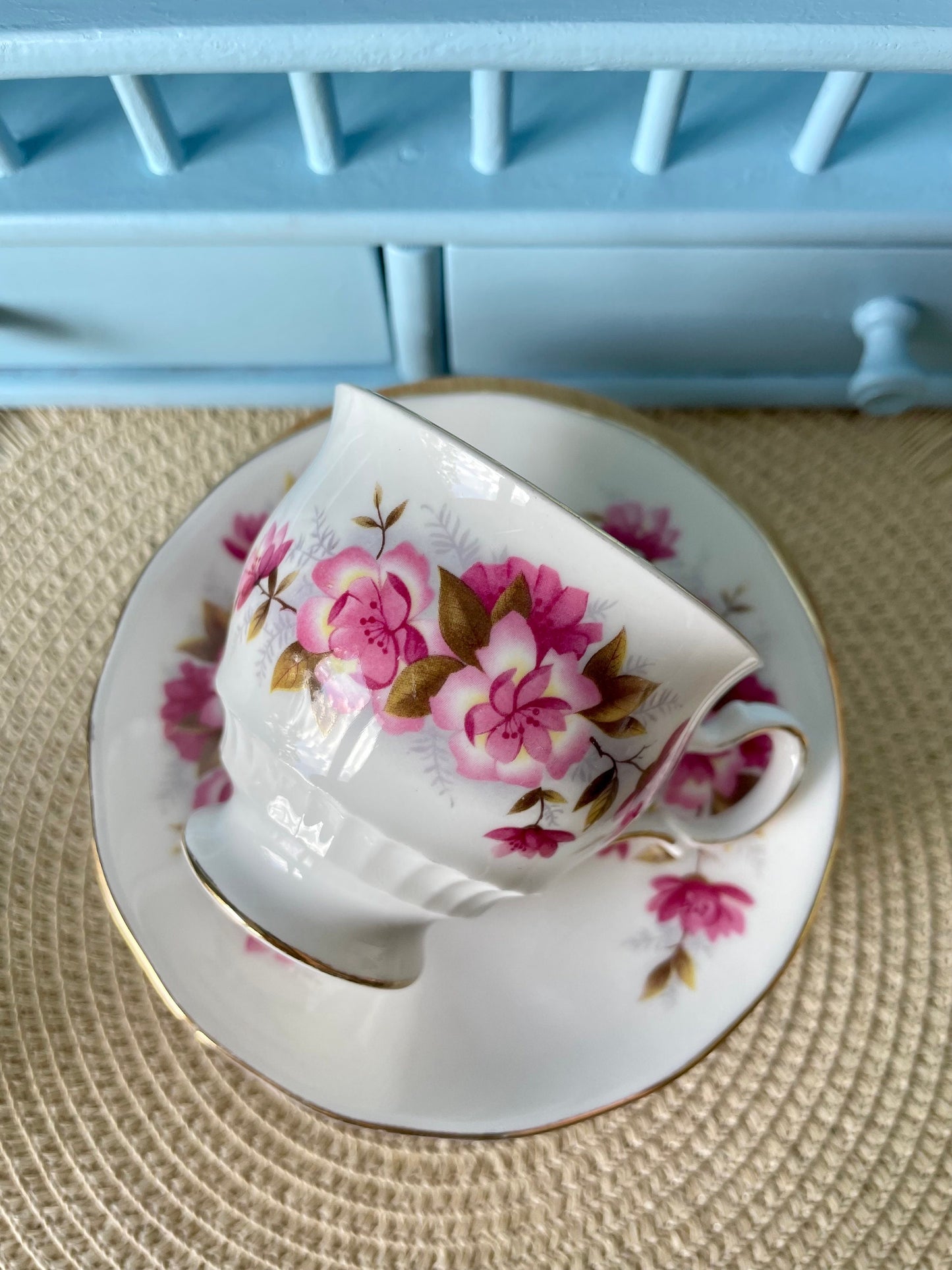 Vintage Queen Anne Cherry Blossom, Pink Floral Bone Tea Cup and Saucer, Antique English China, Previously Loved Vintage Cup, High-Tea Party
