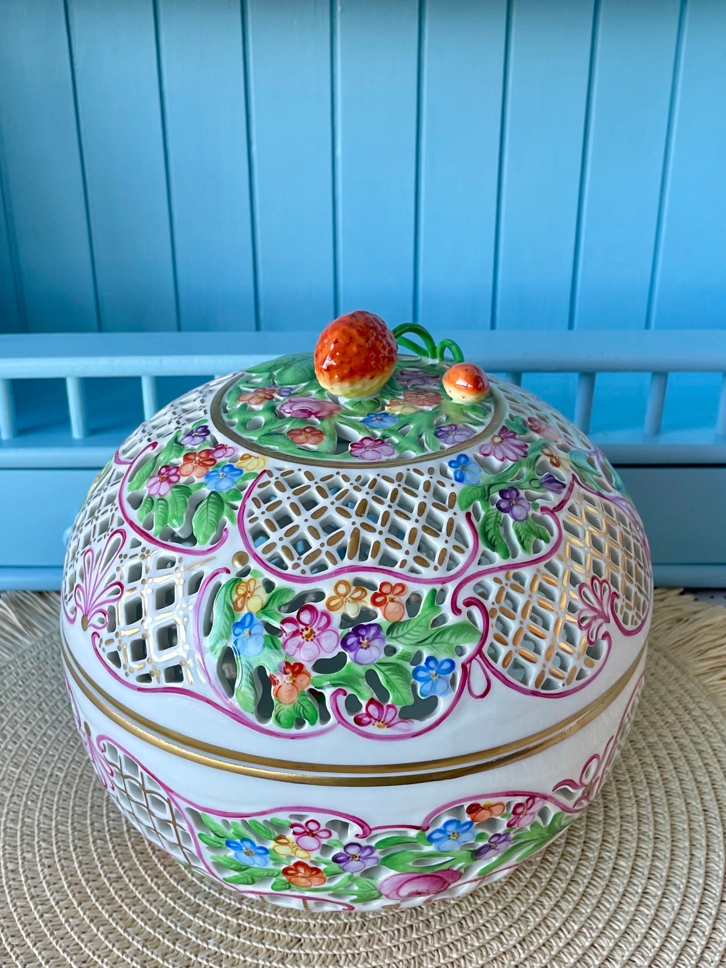 Rare Vintage Herend Porcelain Bonbonniere with FREE GIFT, Exquisite Design, Hand-Painted, Gold-Plated, Large Open Work Basket, Made Hungary
