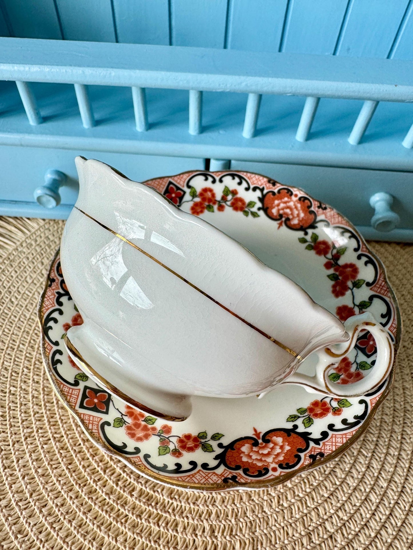 Rare Vintage Aynsley Teacup and Saucer Set ,Very Good Condition, Red and Blue Roses Design, Crafted 1940's, Bone China, Crazing, England
