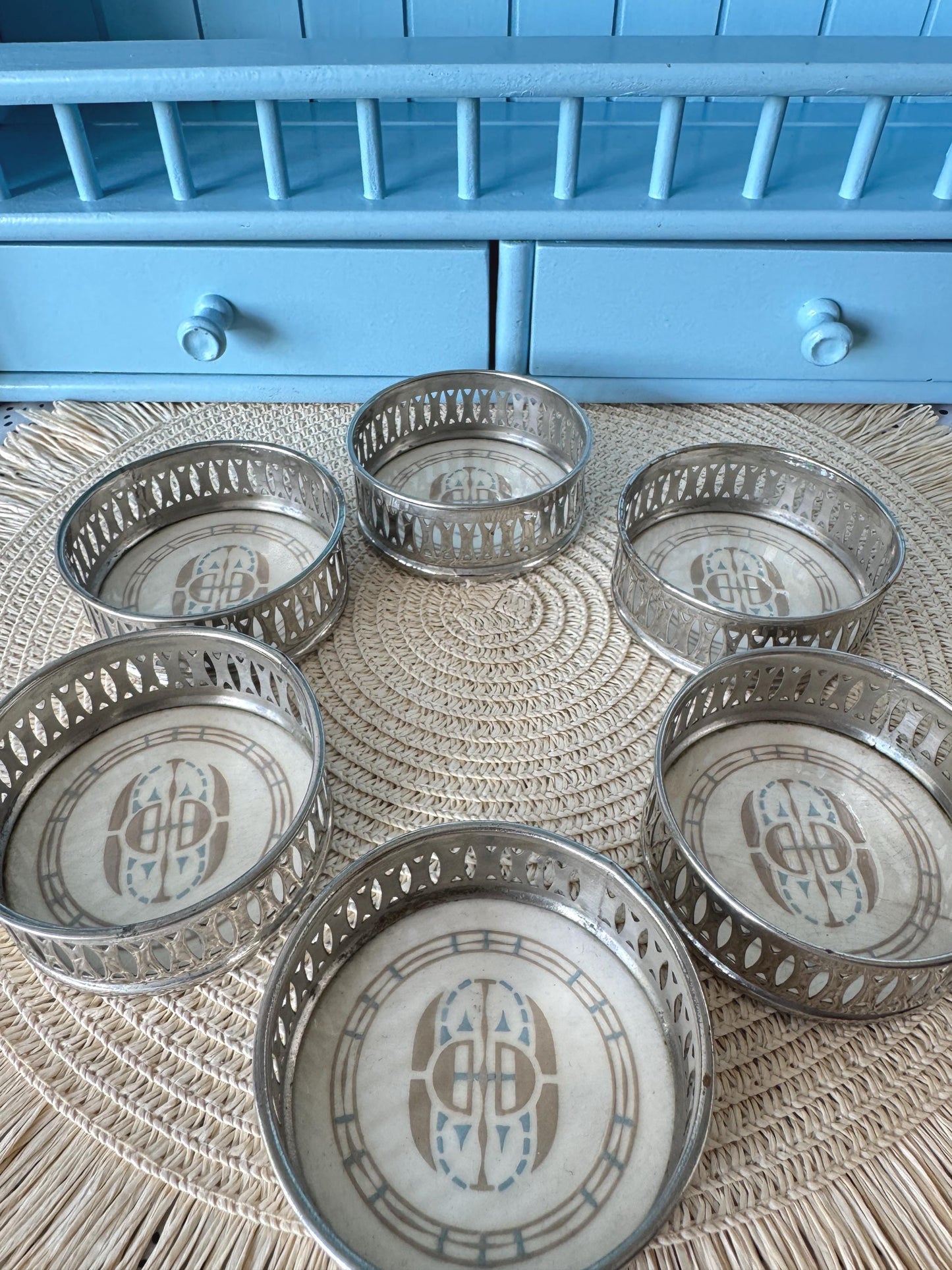 Vintage Dresden 'Villeroy & Boch' Coasters, Set 6 Coasters, Previously Loved, Collectors Item, Pierced Silver Rim, Hand-painted, German Made