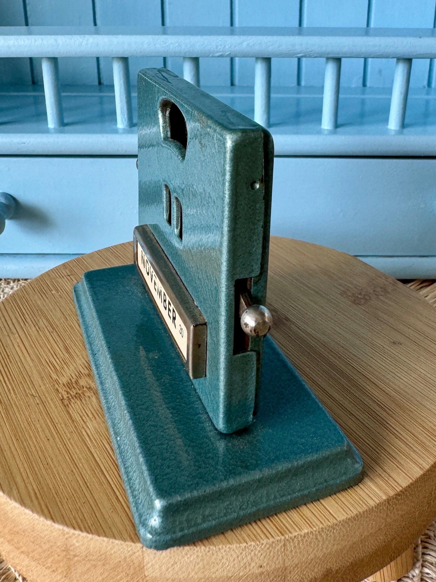 Beautiful Vintage Art Deco Perpetual Calendar by Jakob Maul, 1930s Design, Complete Set, Dutch Language, Petrol Blue/Green, Made in Germany