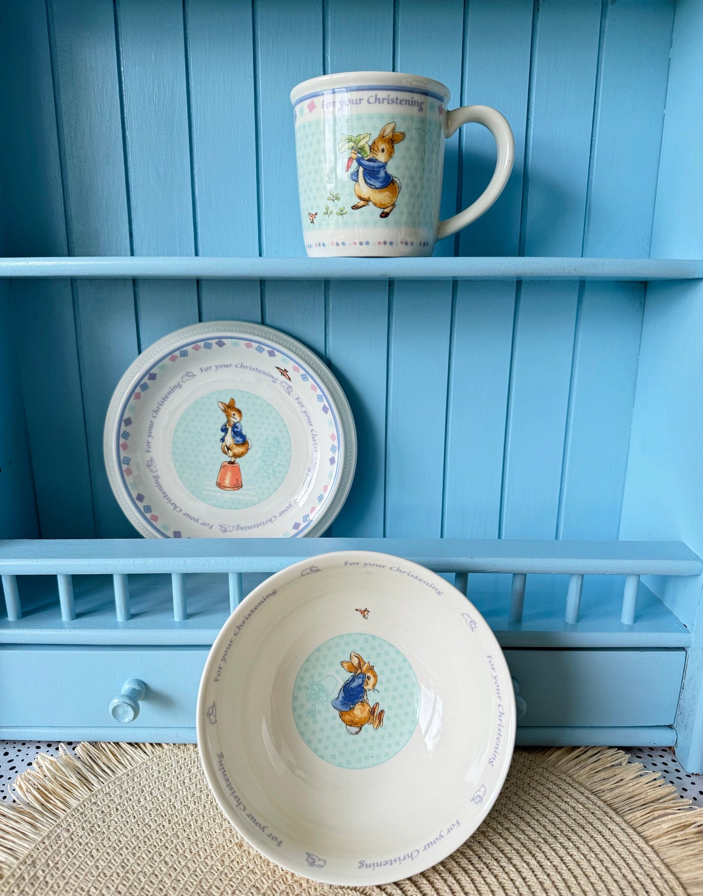 Vintage Wedgwood "Peter Rabbit" Christening Set, 3 Piece Set of Mug, Plate & Bowl, Beatrix Potter, Perfect Christening Gift, Made in England