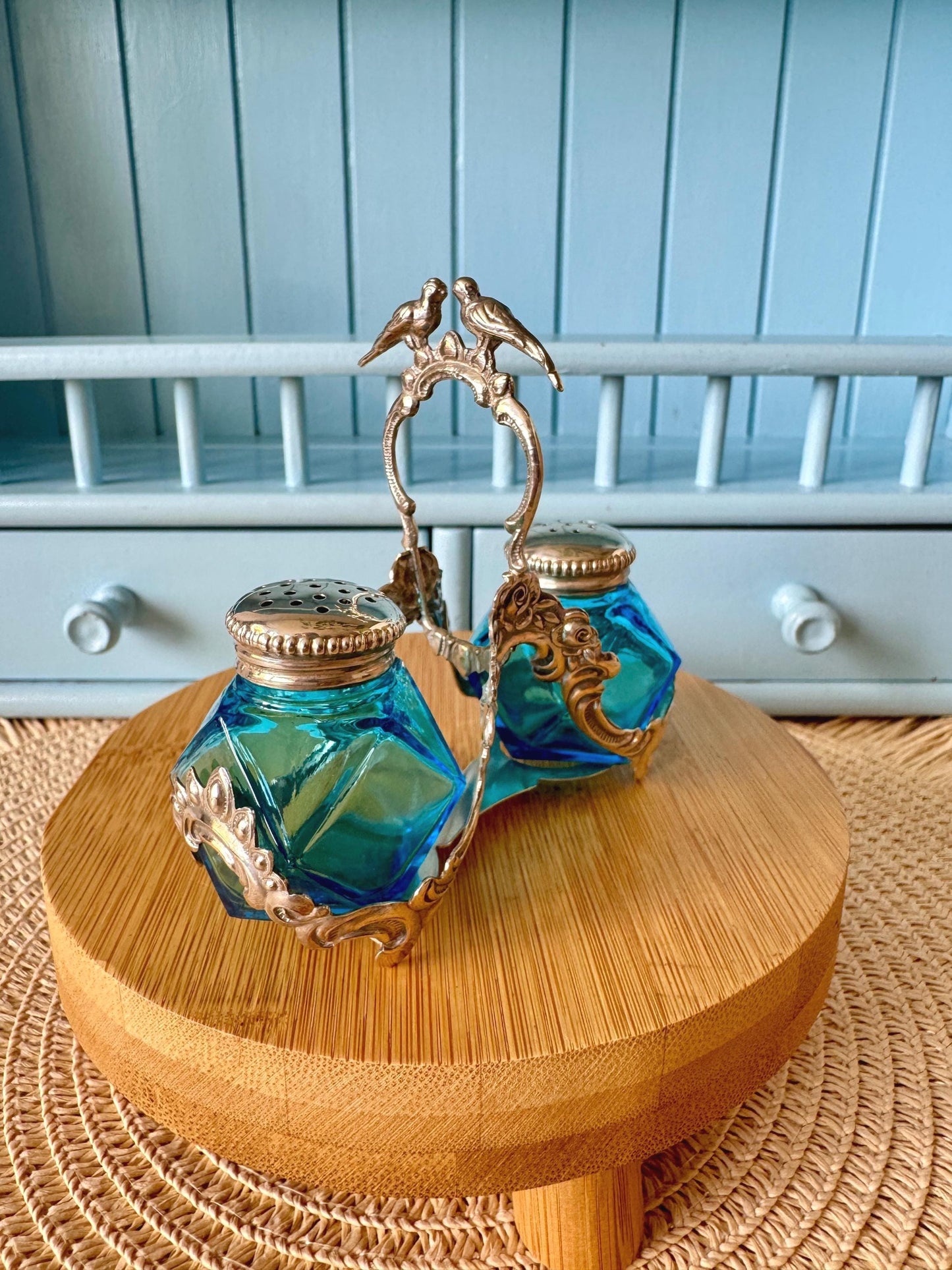 Very Rare Antique 1861 Silver Turquoise Glass Salt & Pepper Cellars, Lovebirds Wedding Gift, English 835 Silver Cruet Set, Beautiful Gift