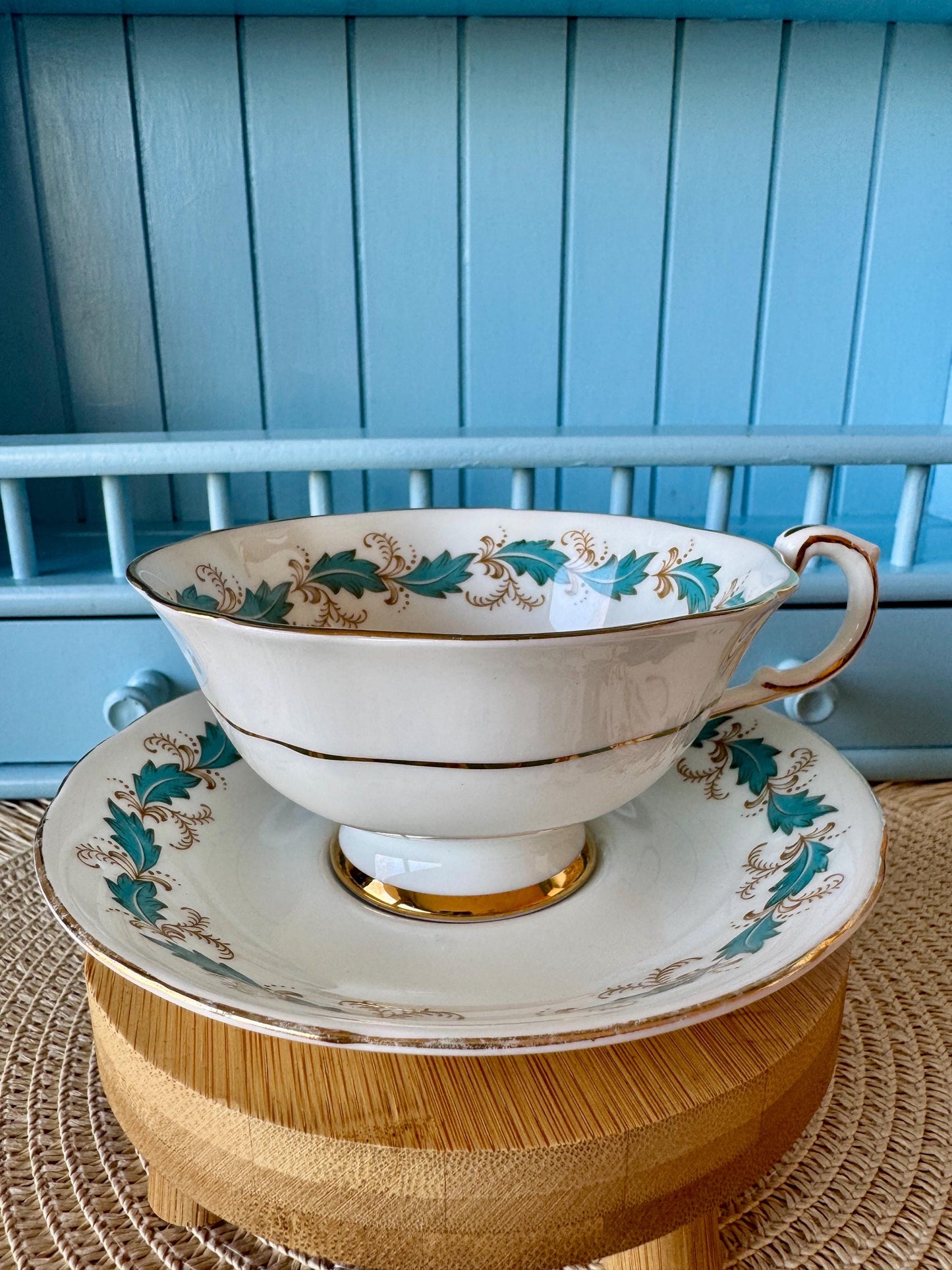 Vintage 1970s Paragon Affection Blue Leafs Gold Duo, Bone China, Floral Blue Leaf Design, Preciously Loved, Appointment HM Queen Elizabeth
