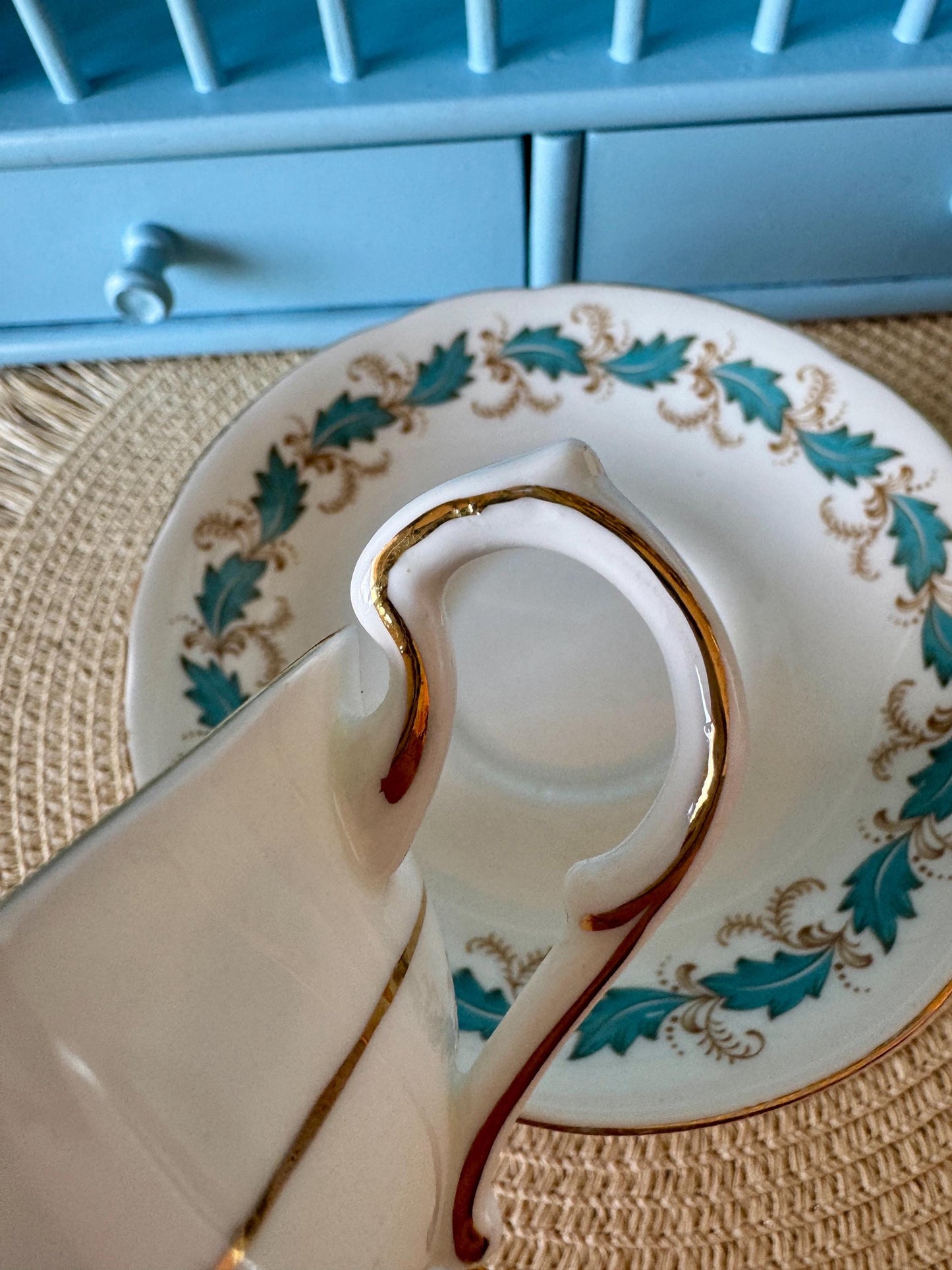 Vintage 1970s Paragon Affection Blue Leafs Gold Duo, Bone China, Floral Blue Leaf Design, Preciously Loved, Appointment HM Queen Elizabeth