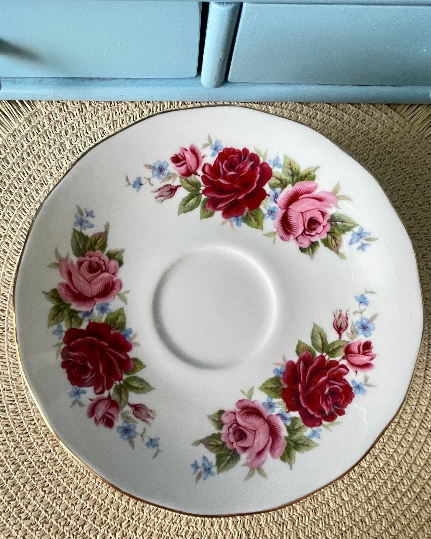 Elegant Vintage Queen Anne Tea Cup and Saucer - Red and Pink Floral Design, Antique English China, Cherished Collectible, 4 High-Tea Parties