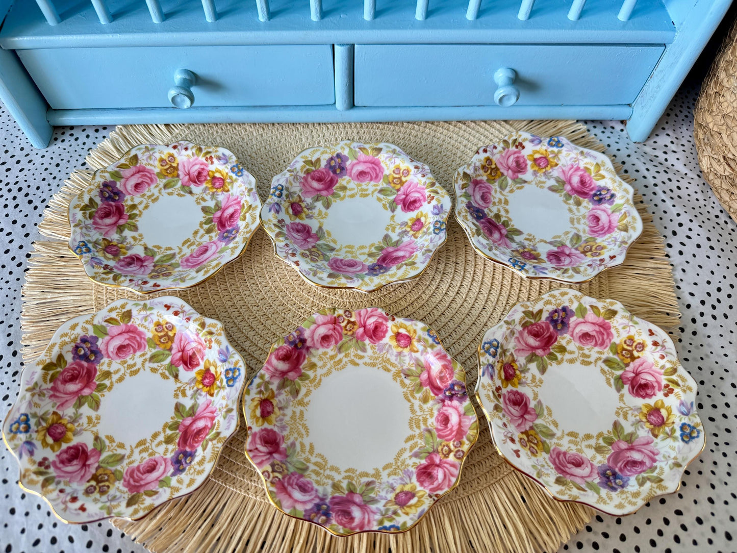Vintage Royal Albert "Serena " Set of 6 Petit Four Dishes, Bone China, Pink Roses & Lavender Flowers Design, Previously Loved, Made England
