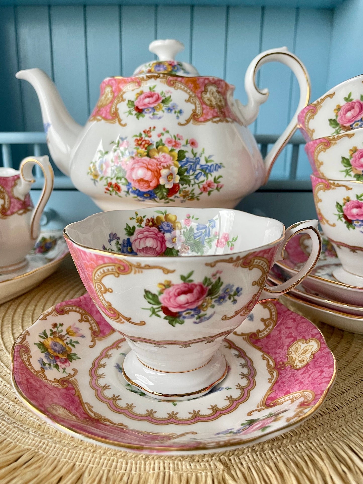 Vintage Royal Albert Tea Set - Lady Carlyle - 12 Piece Porcelain Tea Set for High Tea - Mothers Day Gift -Elegant TeaParty Set - England