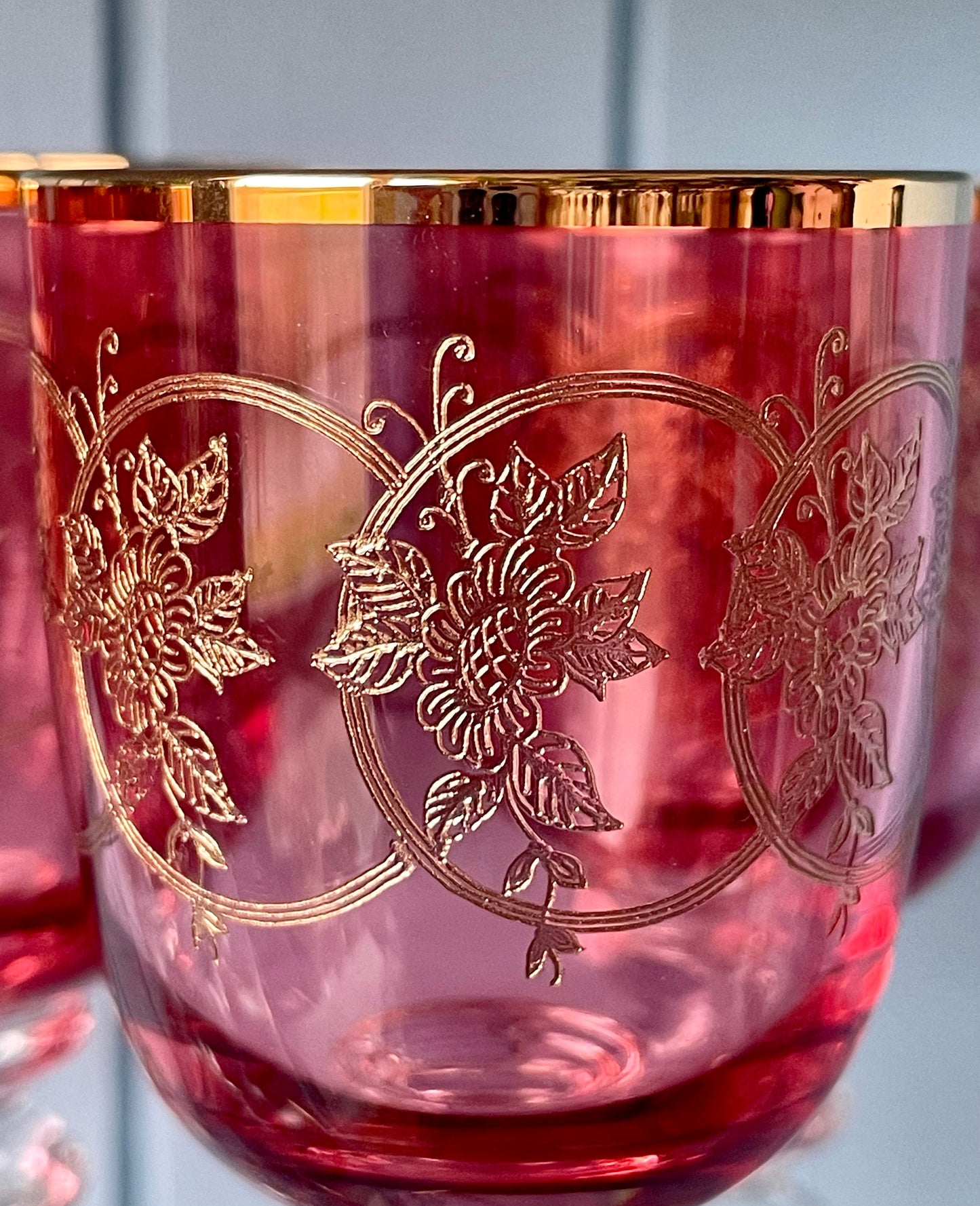 Antique Gold Rimmed Ruby Colored Sherry or Liqueur Glasses, Set of 6 Gold Engraved Glasses, Elegant Gold Detailing, Pre-War Pink/Ruby Glass