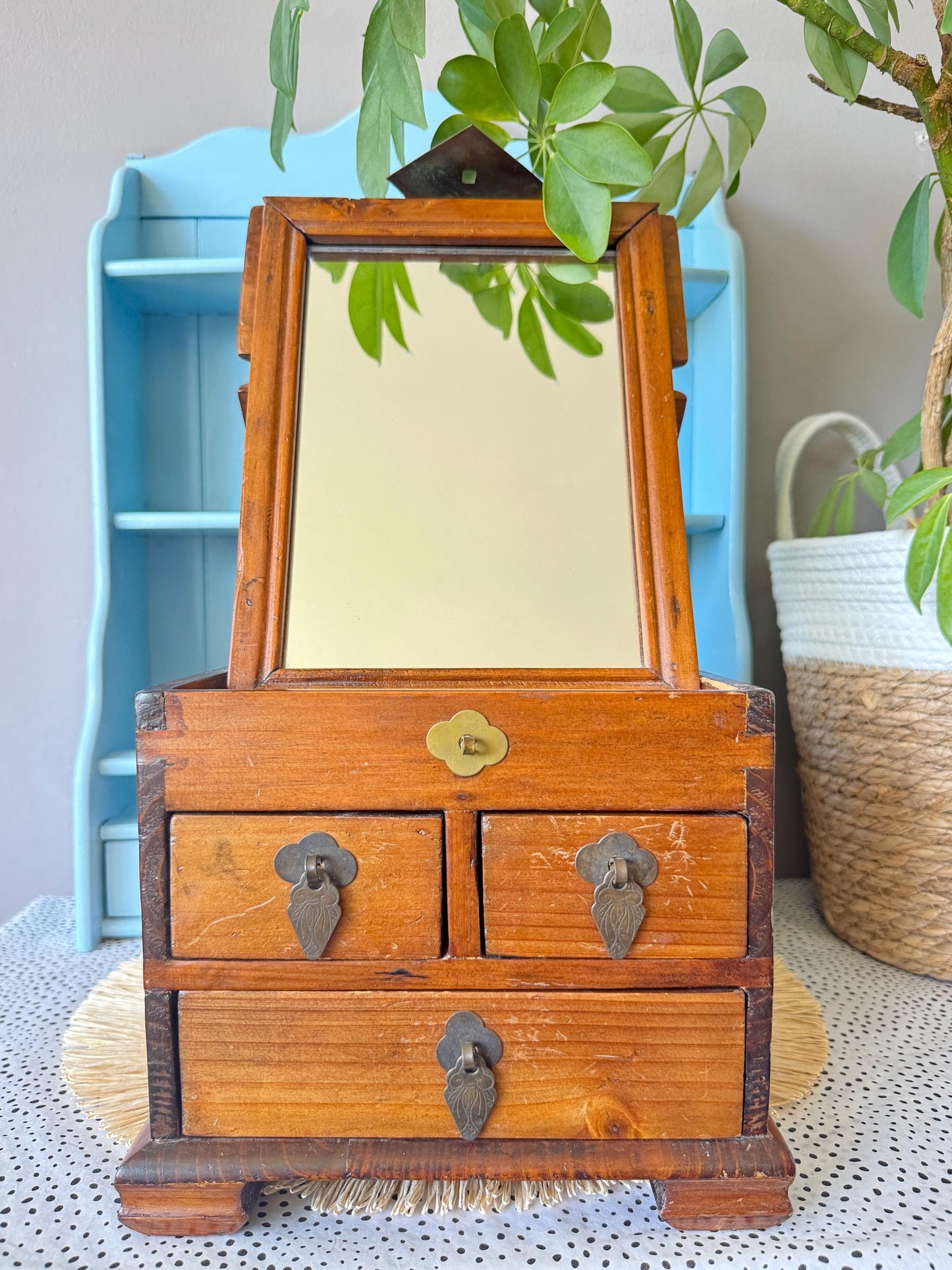 Apothecary Cabinet With Mirror, Antique Storage Unit, Colonial Solid Wooden Chest With Drawers, Oak Desktop Organizer, Shaving Cabinet