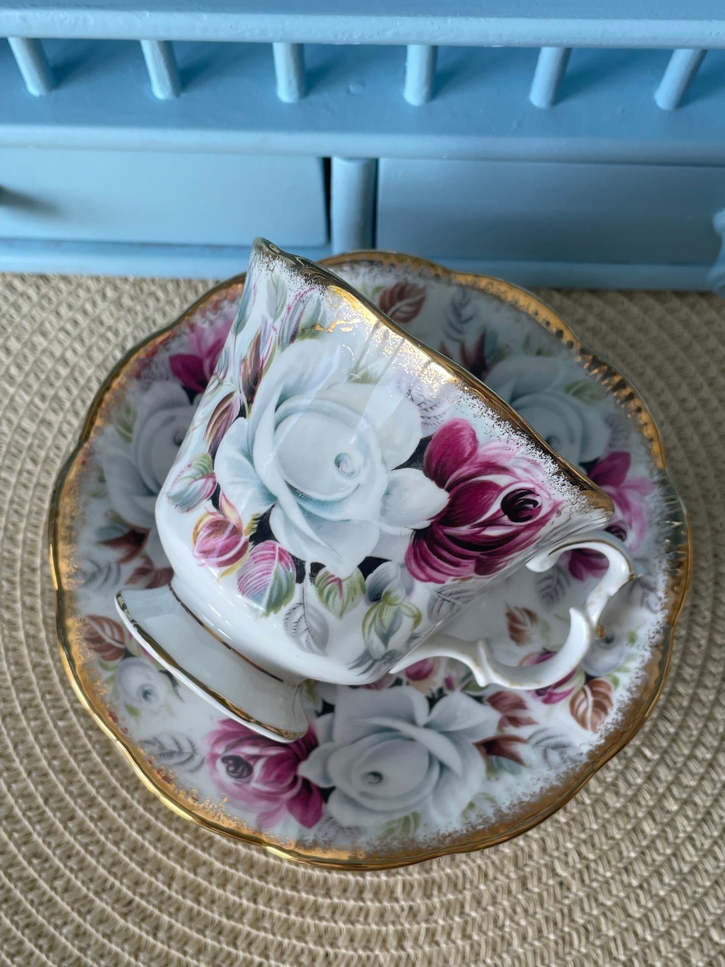 Collectors TeaCup, Royal Albert "Summer Bounty Pearl" Gainsborough Tea Set, Thick Gold, Bone China, Pink Cabbage Roses, England, !READ TEXT!