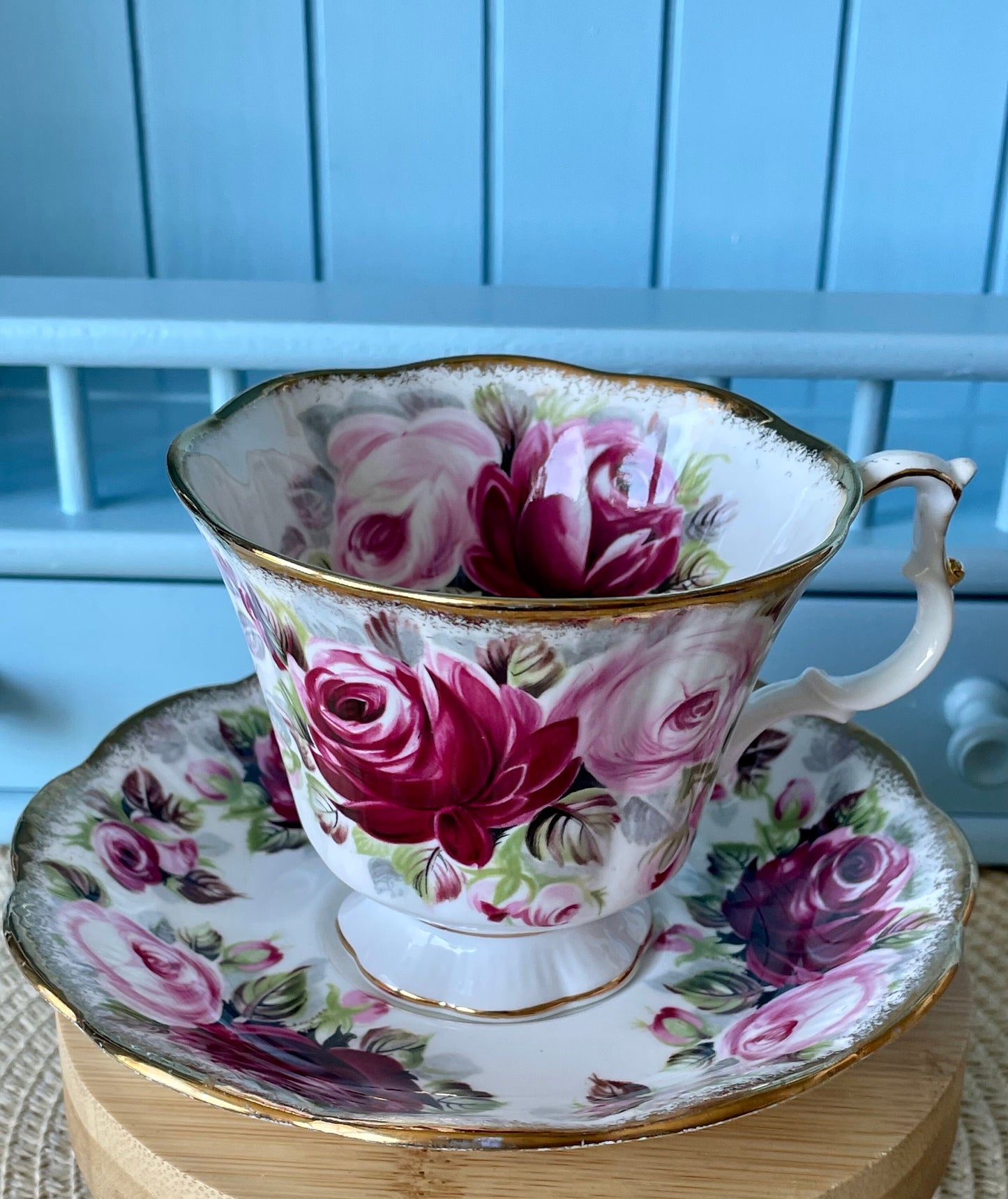 Collectors TeaCup, Royal Albert "Summer Bounty Ruby" Gainsborough Tea Set, Thick Gold, Bone China, Pink Cabbage Roses Decor, Made in England