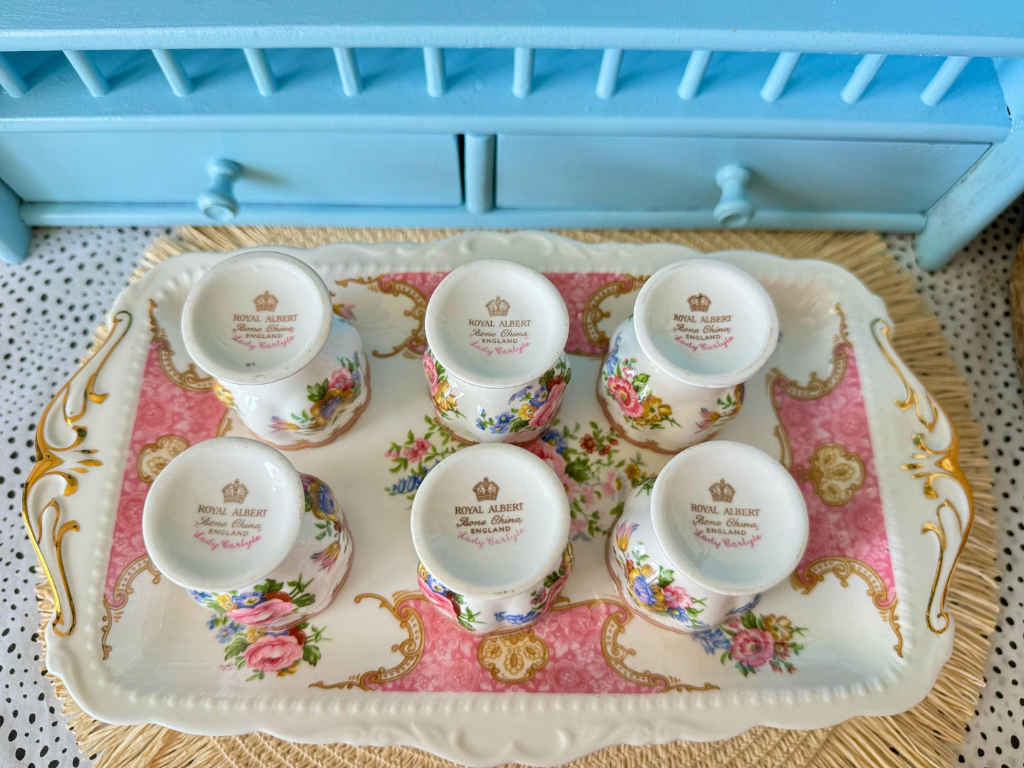 Hard to Find Vintage Royal Albert "Lady Carlyle" Set of 6 Egg Cups with Sandwich Plate, Bone China, Previously Loved, Pink Roses, England