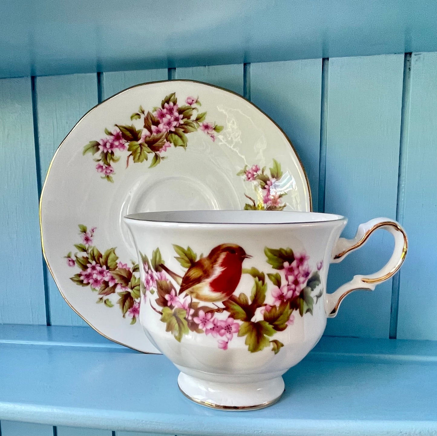 Vintage Queen Anne Robin, Pink Floral Bone Tea Cup and Saucer, Antique English China, Previously Loved Vintage Cup, High-Tea Bridal Party