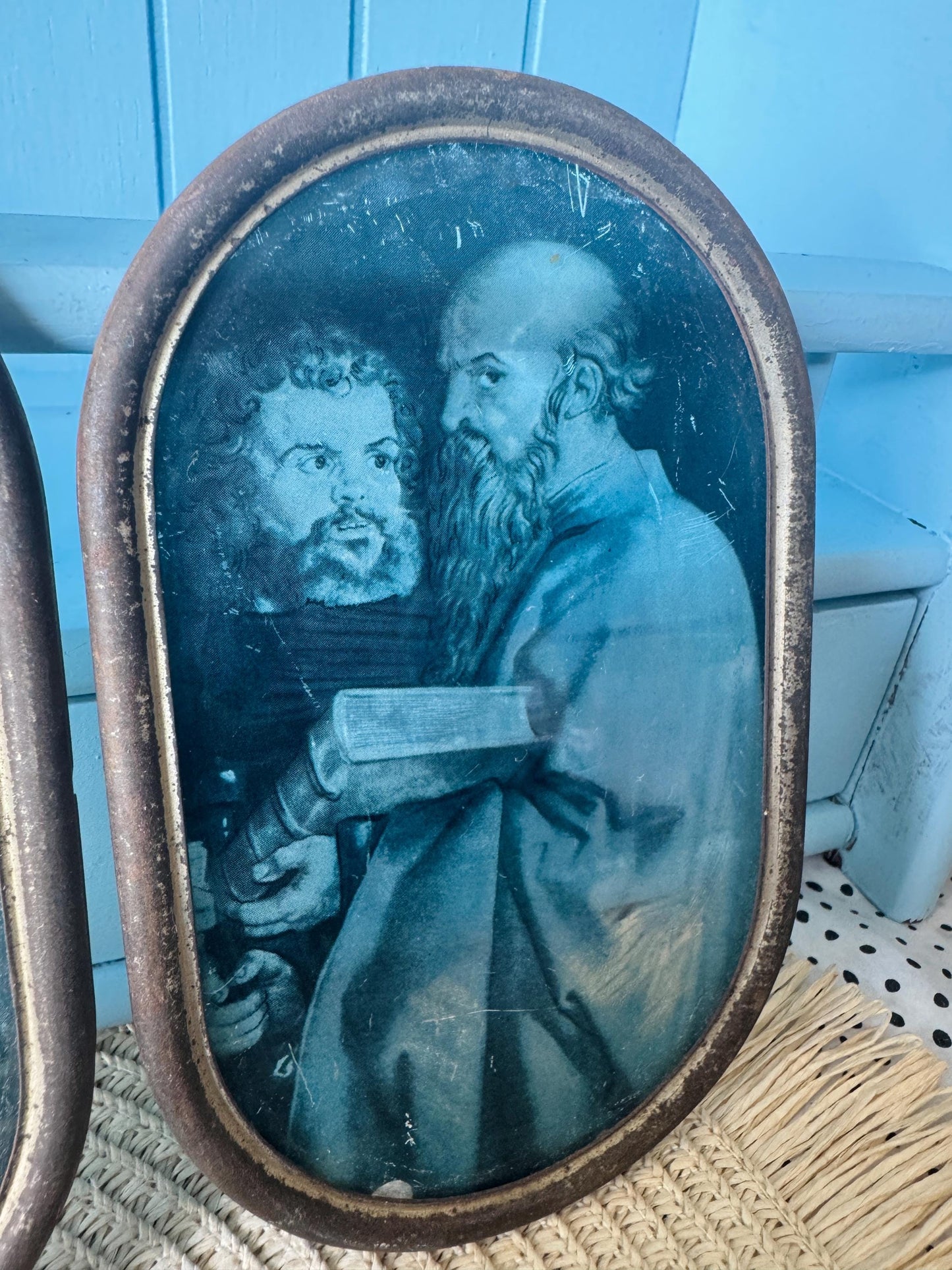Antique Reverse Glass Paintings Set of 3, Religious & Genre Scene Wall Art, Hand-Painted Glass Panels c.1890-1910, Window Hangings, French