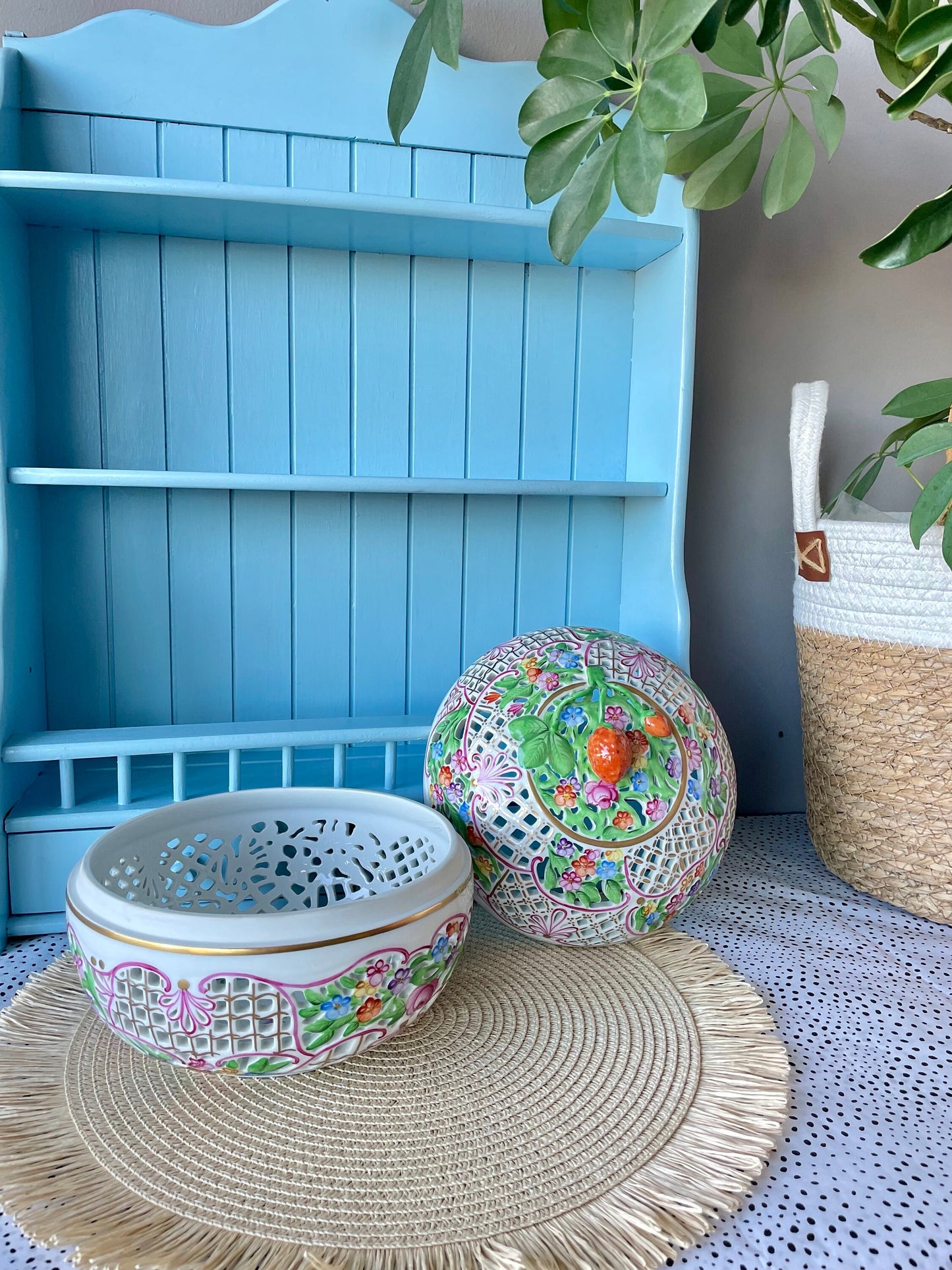 Rare Vintage Herend Porcelain Bonbonniere with FREE GIFT, Exquisite Design, Hand-Painted, Gold-Plated, Large Open Work Basket, Made Hungary
