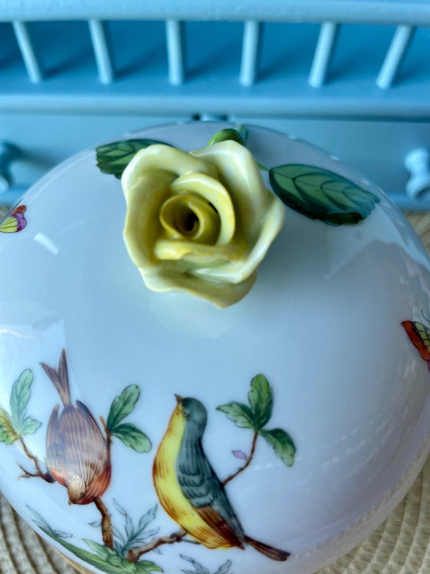 Pretty Vintage Herend Rothschild Birds Trinket Dish, HandPainted, Hungarian Porcelain, Yellow Rose Finial, Previously Loved, Made in Hungary