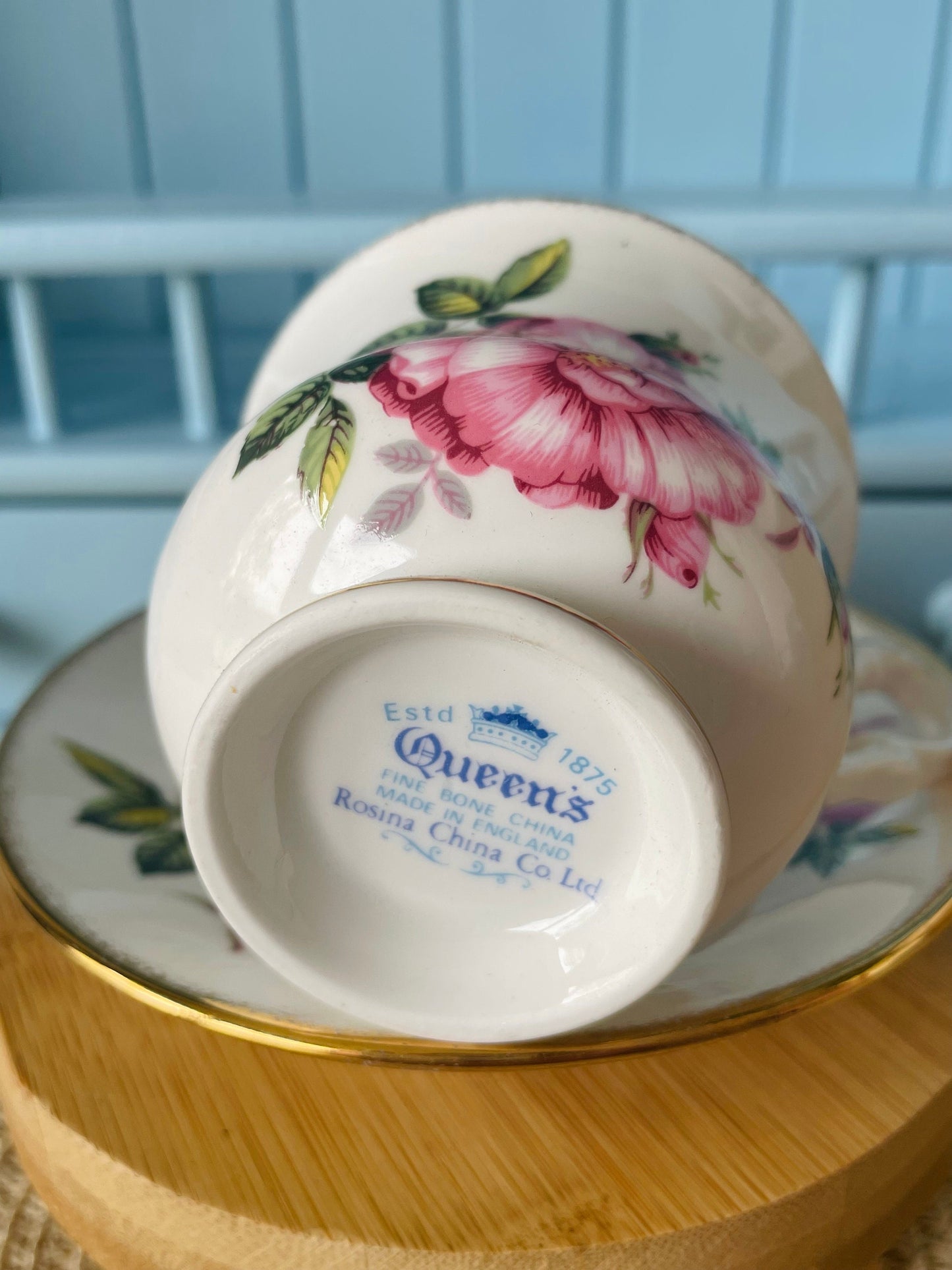 Vintage Queens, Pink Roses Floral Bone Tea Cup and Saucer, Antique English China, Previously Loved Footed Cup, Perfect Gold, Made in England