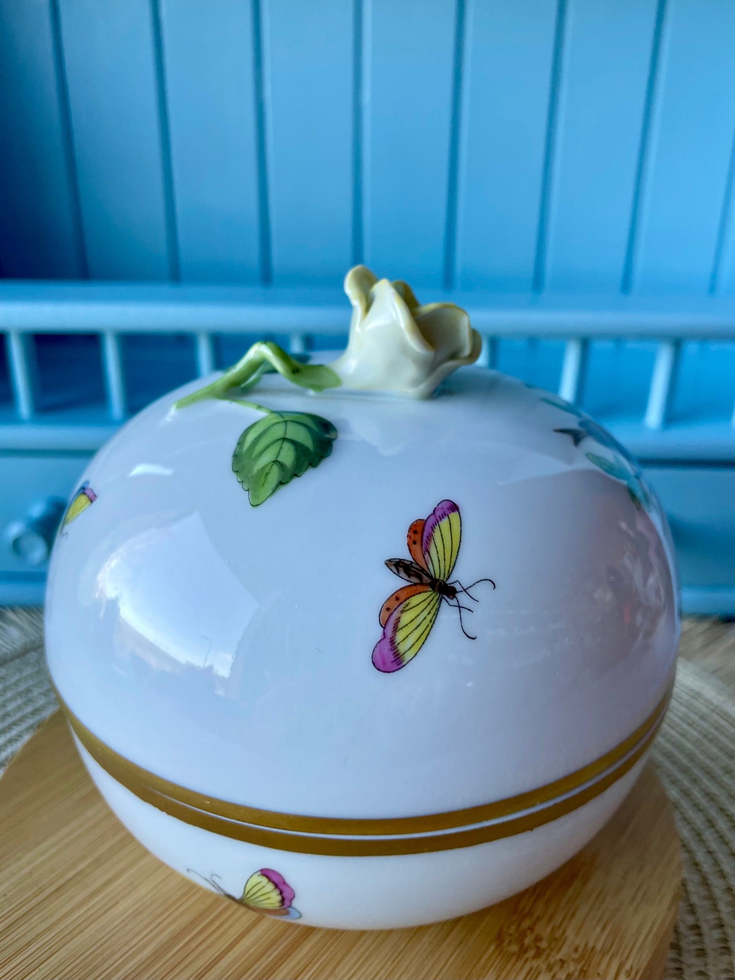 Pretty Vintage Herend Rothschild Birds Trinket Dish, HandPainted, Hungarian Porcelain, Yellow Rose Finial, Previously Loved, Made in Hungary