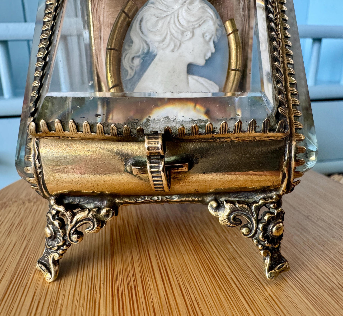 Rare Antique Parisian Glass & Ormolu Casket, Early 1900s Jewelry / Watch Display Box, Silk Lined, Heavy Bevelled Glass, Made in France