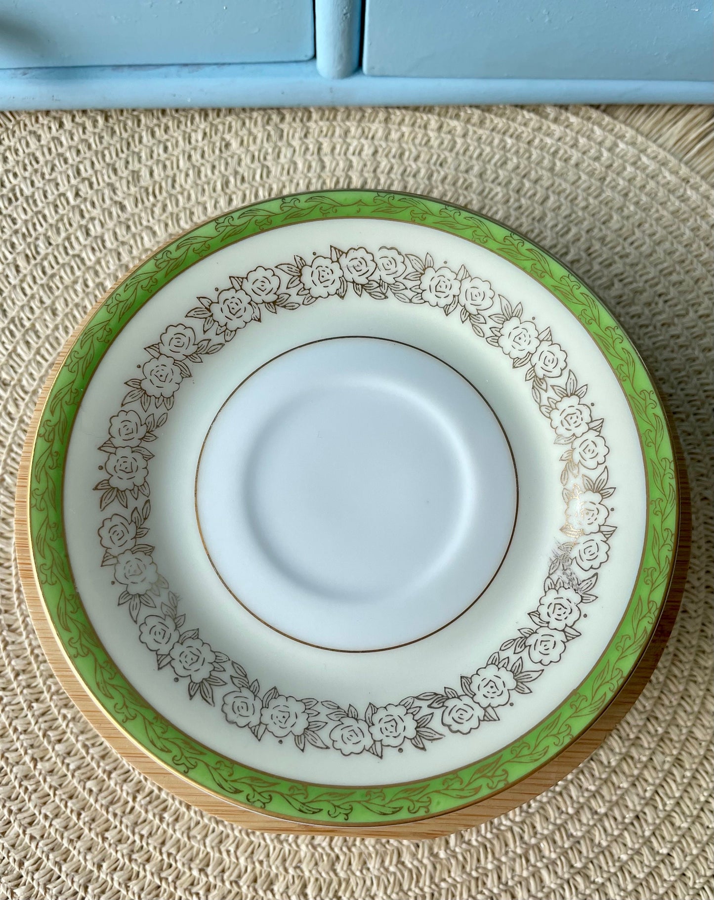 Elegance & Charm: Vintage Hanson Porcelain Espresso Cup Set with Delicate Golden Flowers On Pastel Green, Previously Loved, Made in England