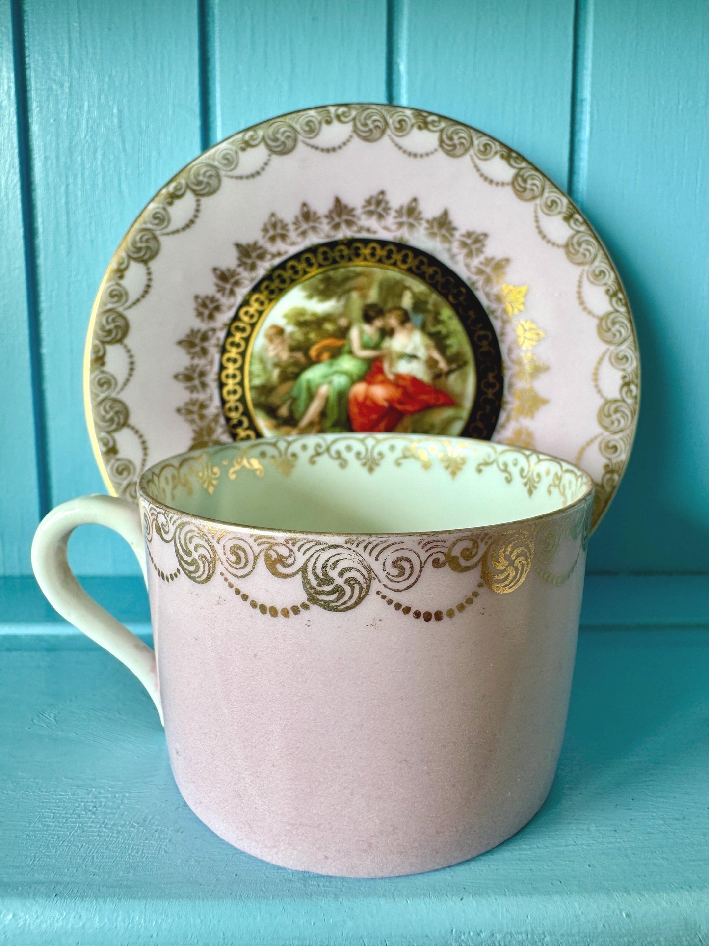 Antique Royal Vienna Fragonard Espresso Cup & Saucer, Beehive Mark Cup, Pink Gold Eggshell Porcelain, Matched Set, Vintage Romantic, Austria
