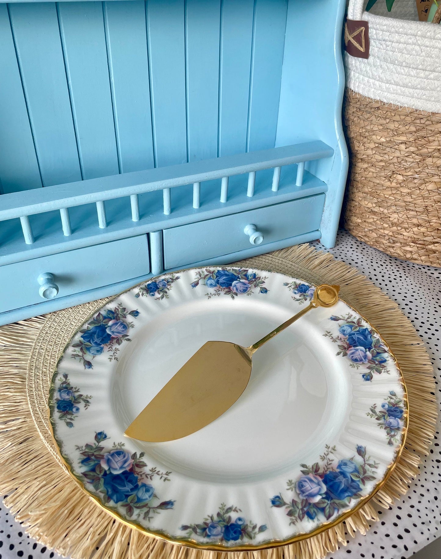 Hard to Find and Very Collectible Royal Albert "Moonlight Rose" Gold Plated Cake Knife with Blue Roses Decor, Cake Slicer, Made in Japan
