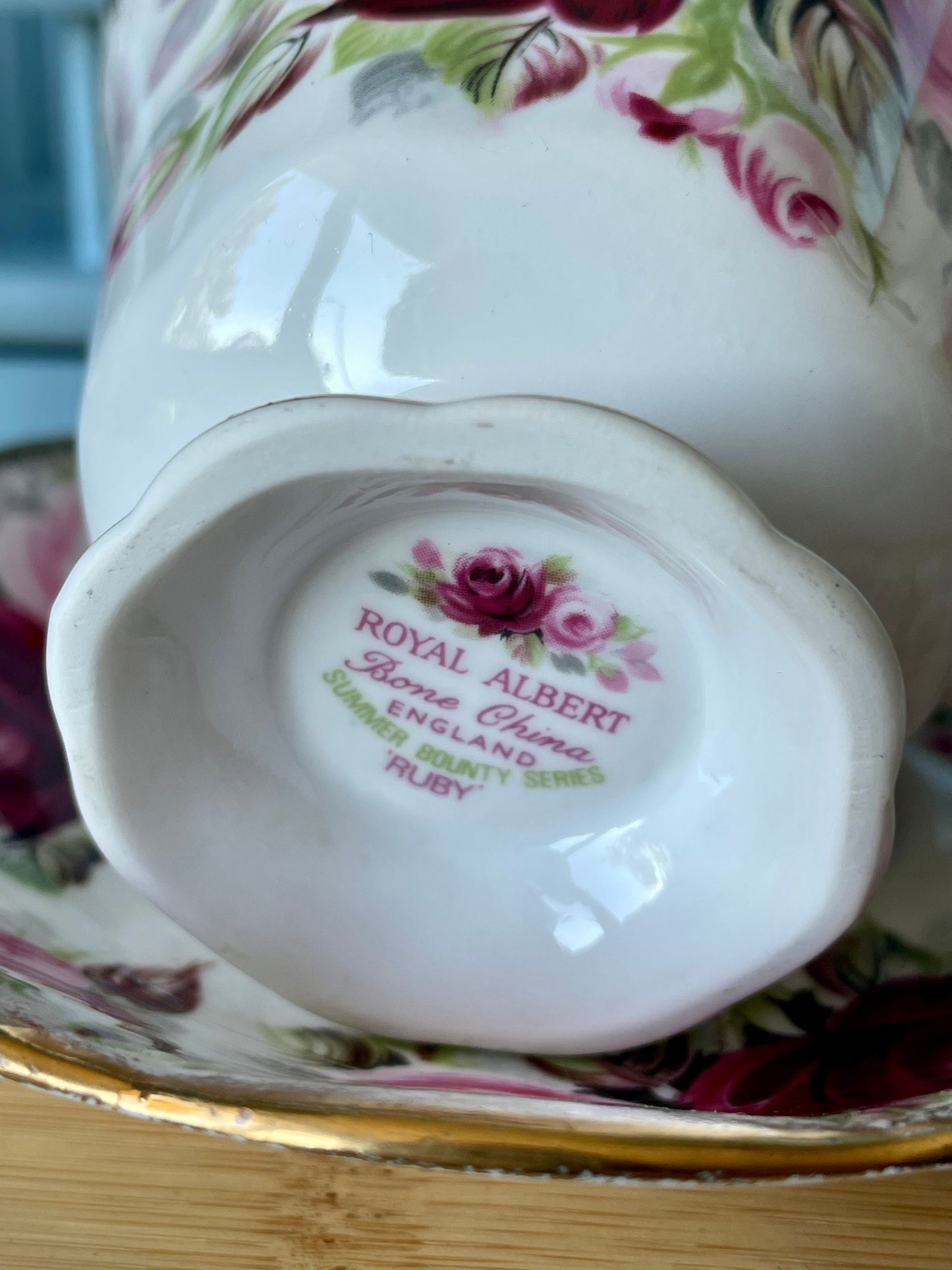 Collectors TeaCup, Royal Albert "Summer Bounty Ruby" Gainsborough Tea Set, Thick Gold, Bone China, Pink Cabbage Roses Decor, Made in England
