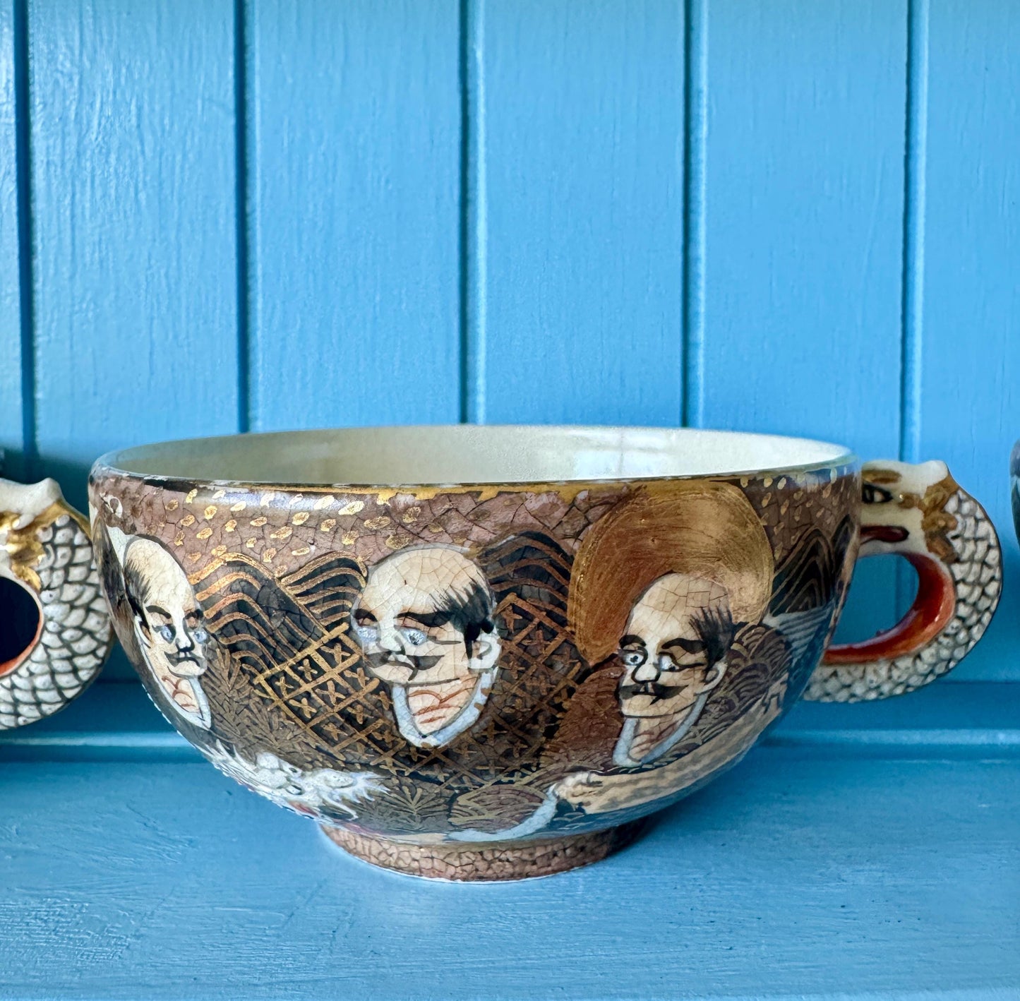 Antique Japanese Satsuma Tea Set, Meiji Era Dragon Handle Teacups, Creamer & Sugar Jar, HandPainted Gilt Porcelain, Satsuma Immortals, Japan