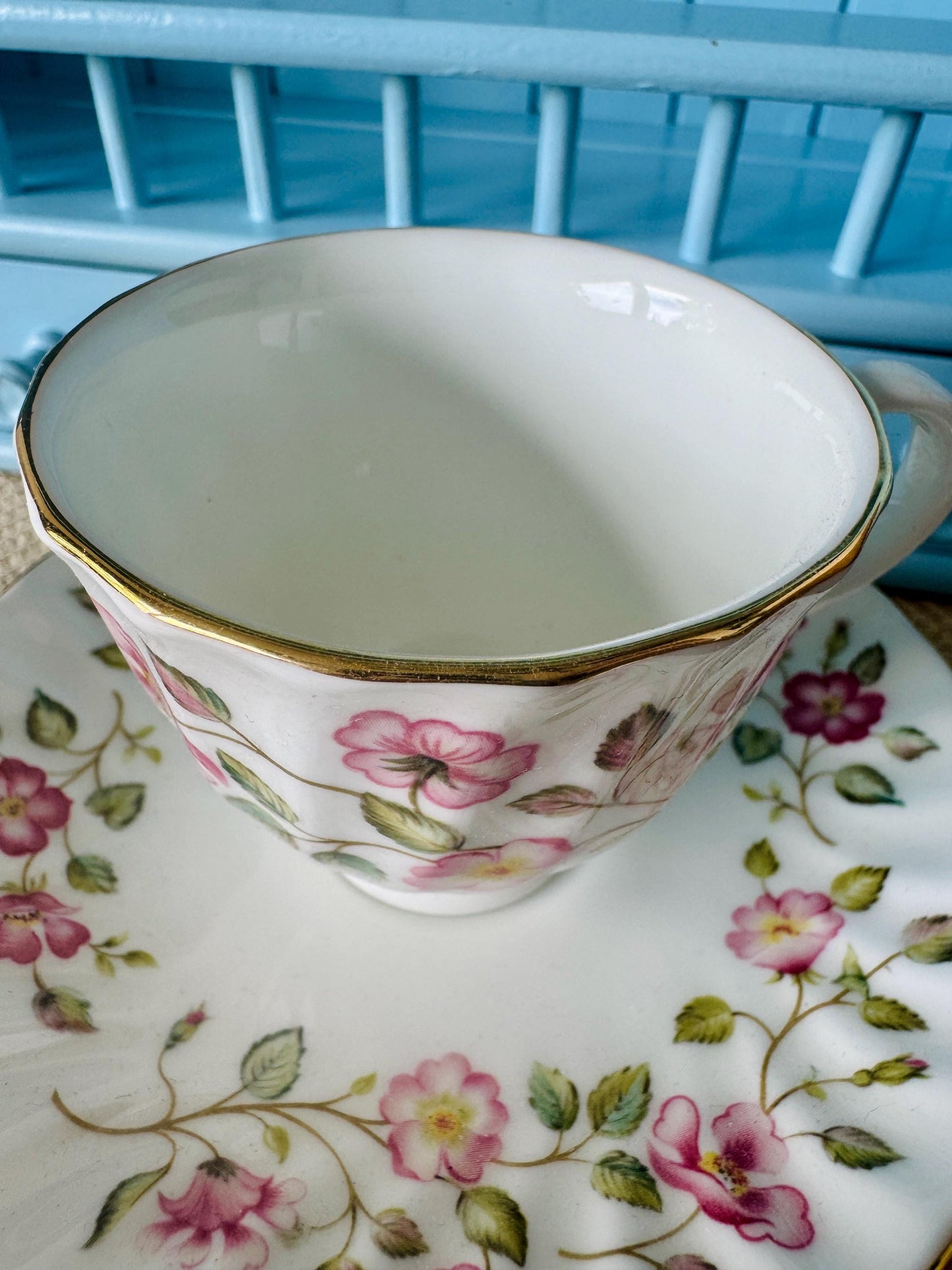 Vintage Colclough Royal Albert Coffee Cup & Saucer Set | Pink Floral Summer Garland | Ribbed Gold Trim | Afternoon Tea Gift, Made in England