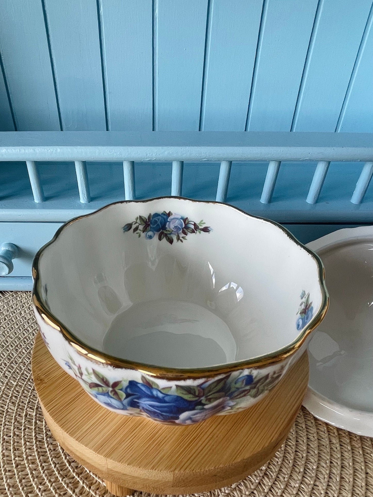 Vintage Royal Albert Moonlight Rose Candy Dish with Lid, Blue Roses & Gold Trim, Perfect for Candy, Bonbon Dish, English Bone China