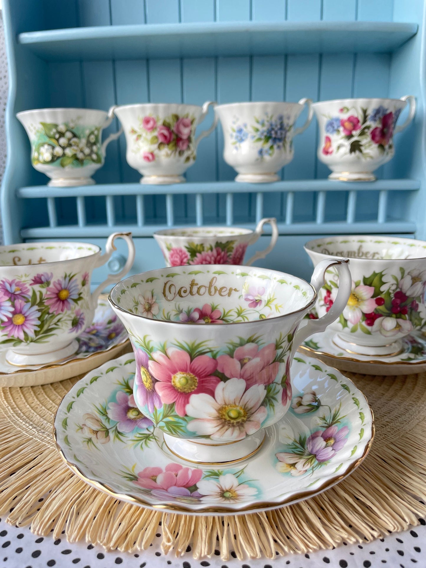 Vintage TeaSet of 12 'Royal Albert' Flower Of The Month Gentleman Sized Cup & Saucer, Fine Bone China, Perfect Gift, Made in England