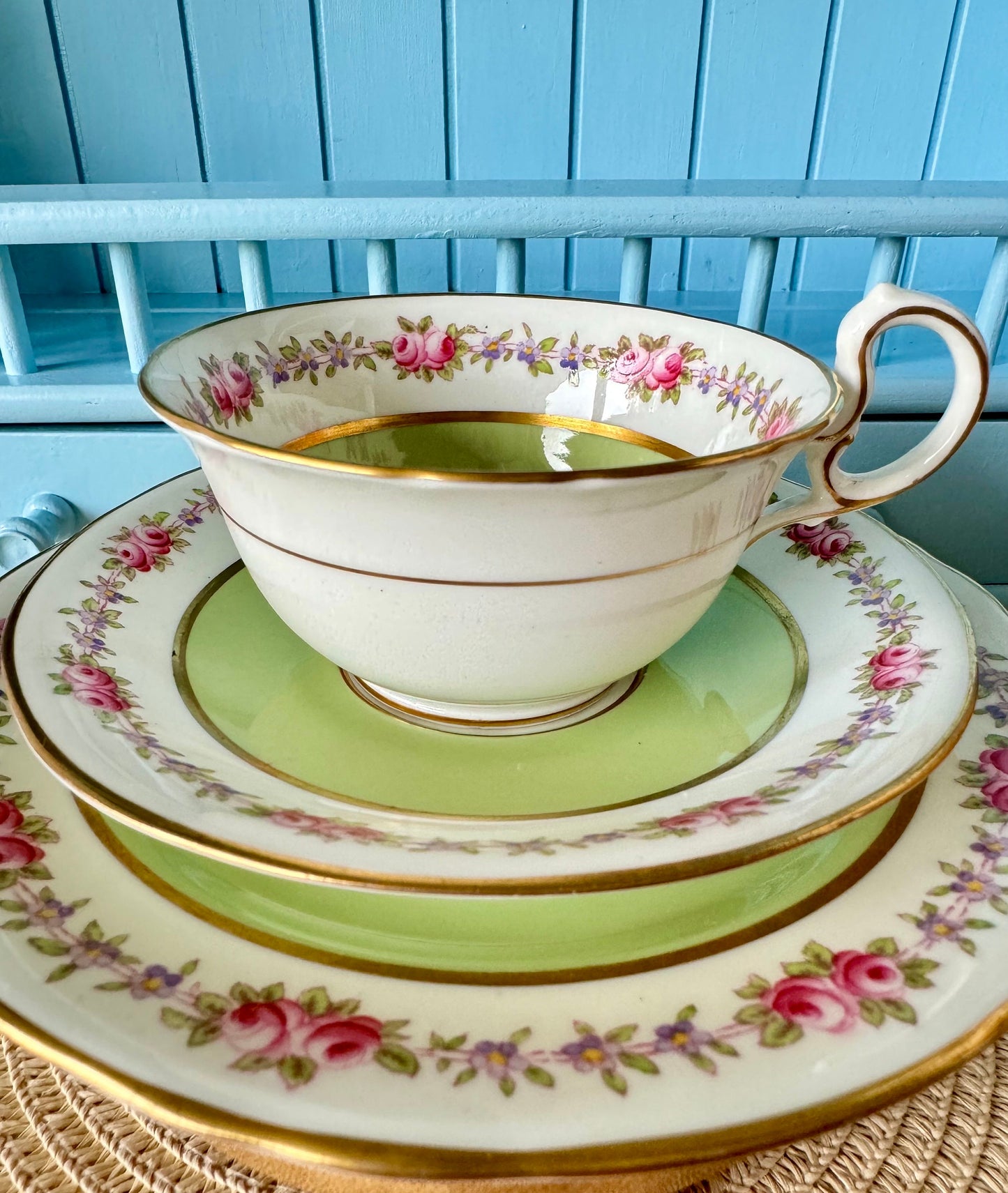 Rare Vintage Aynsley Trio, Teacup, Saucer & Cake Plate Set ,Very Good Condition, Green Roses Design, Early 20th Century, Bone China England