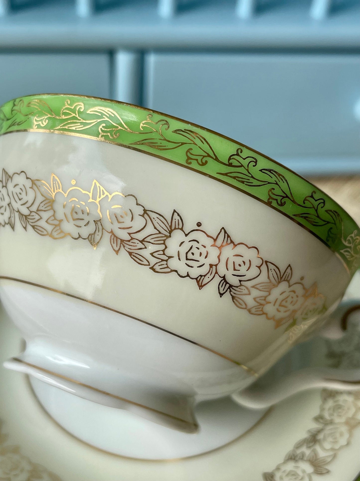 Elegance & Charm: Vintage Hanson Porcelain Espresso Cup Set with Delicate Golden Flowers On Pastel Green, Previously Loved, Made in England