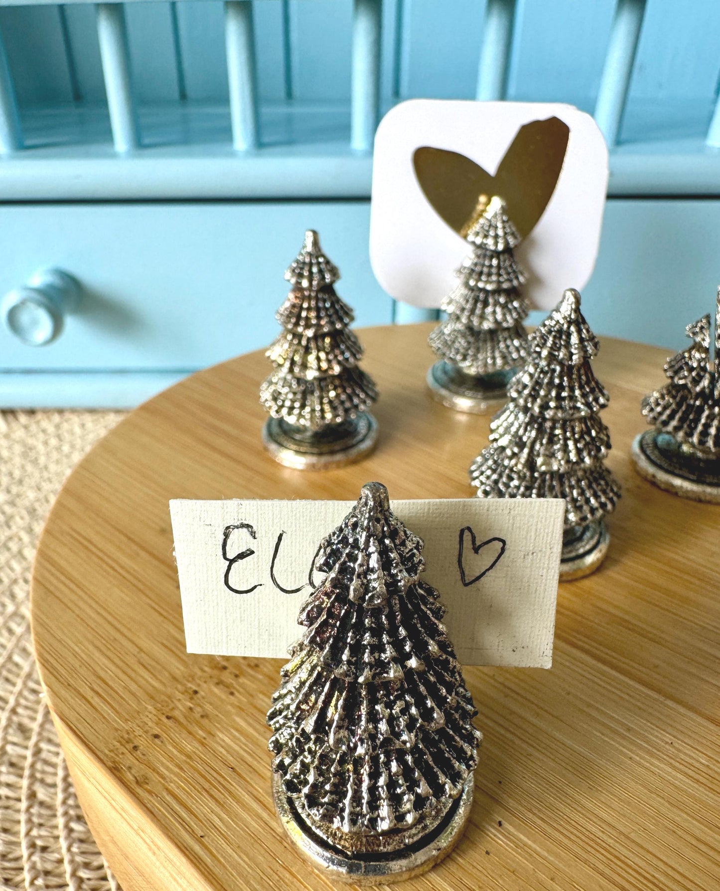 Set of 6 Christmas Tree Place Card Holders, Miniature Silver Tone Metal Table Decor, Name Card Display, Dinner Party Supplies, Event Props
