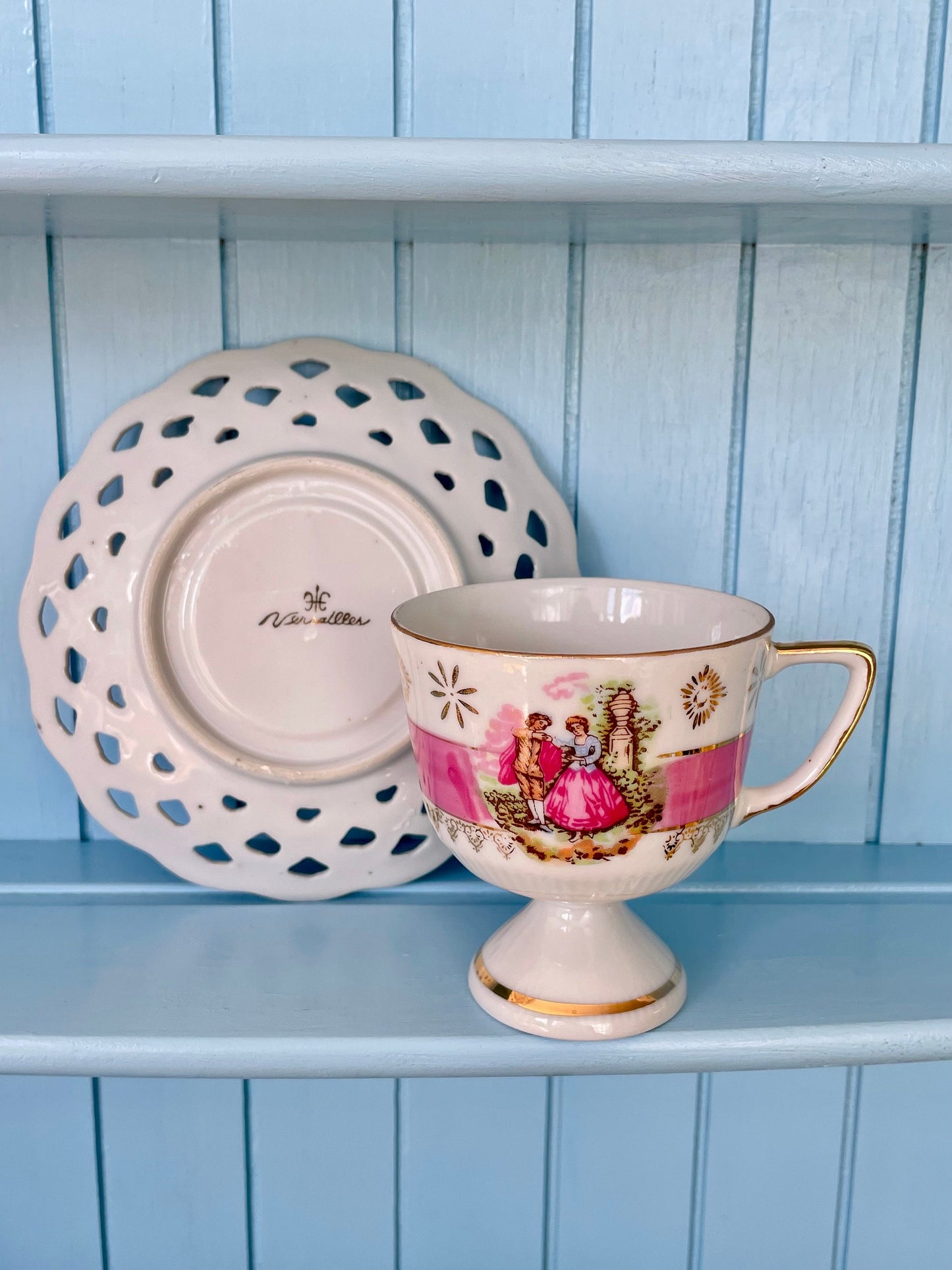 Hard to Find Rare Vintage Versailles, Pearl Shine Versailles Teacup & Laced Saucer with Fragonard Love Scene, Shabby Chic, Made in France