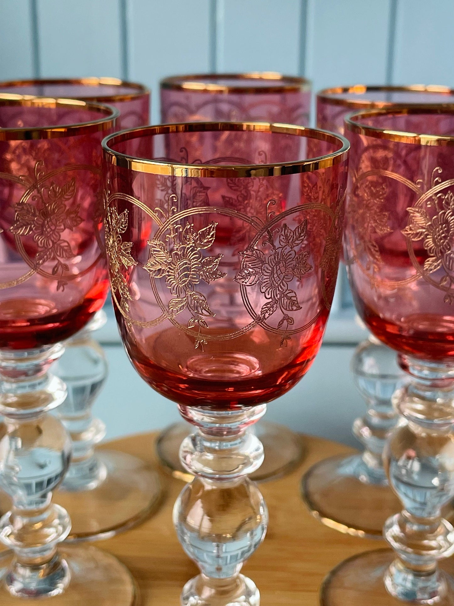 Antique Gold Rimmed Ruby Colored Sherry or Liqueur Glasses, Set of 6 Gold Engraved Glasses, Elegant Gold Detailing, Pre-War Pink/Ruby Glass