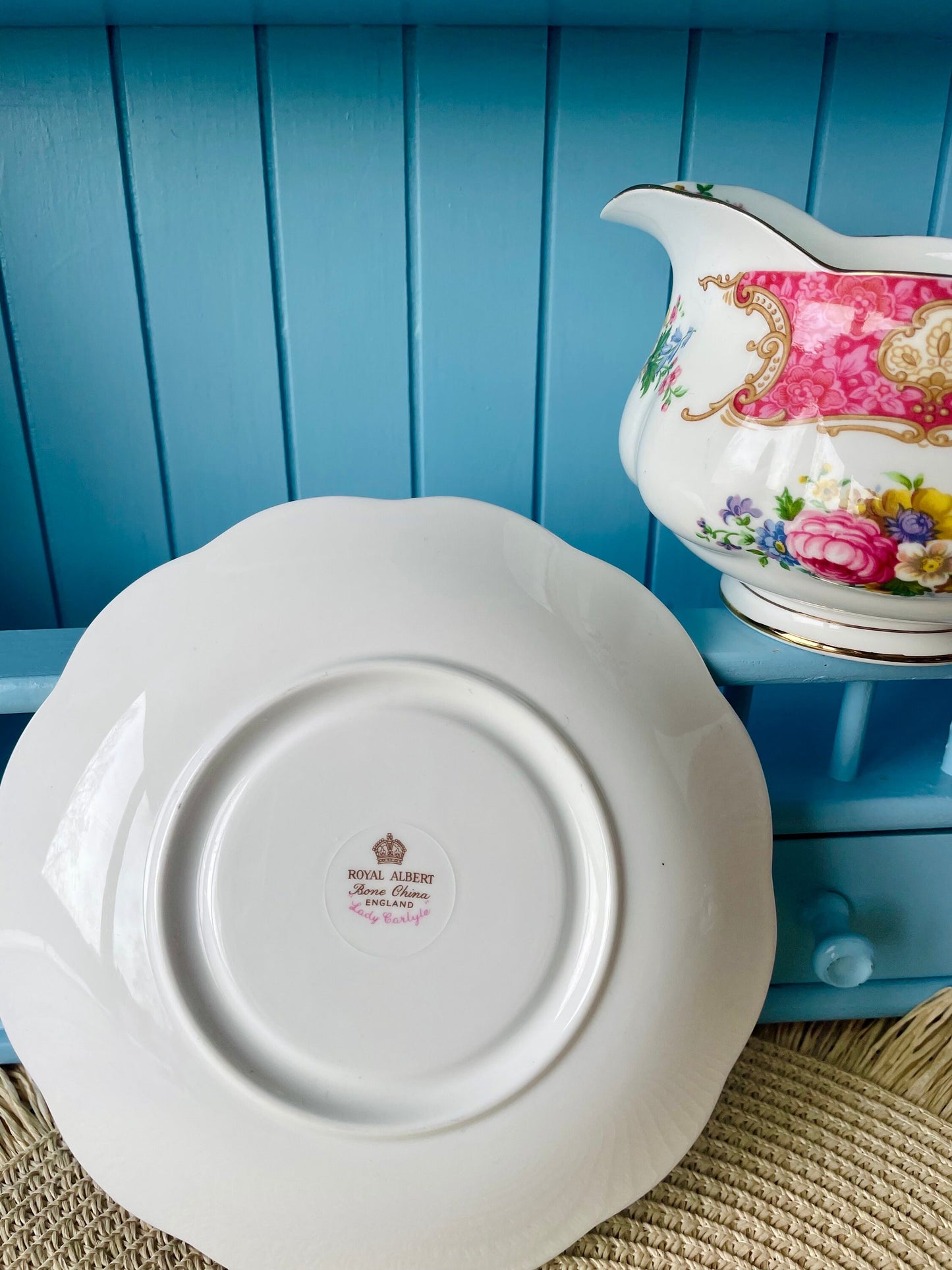 Rare Find, Royal Albert Lady Carlyle English Large Gravy Boat with Underplate, Bone China, Previously Loved, Pink Borders and Floral Decor