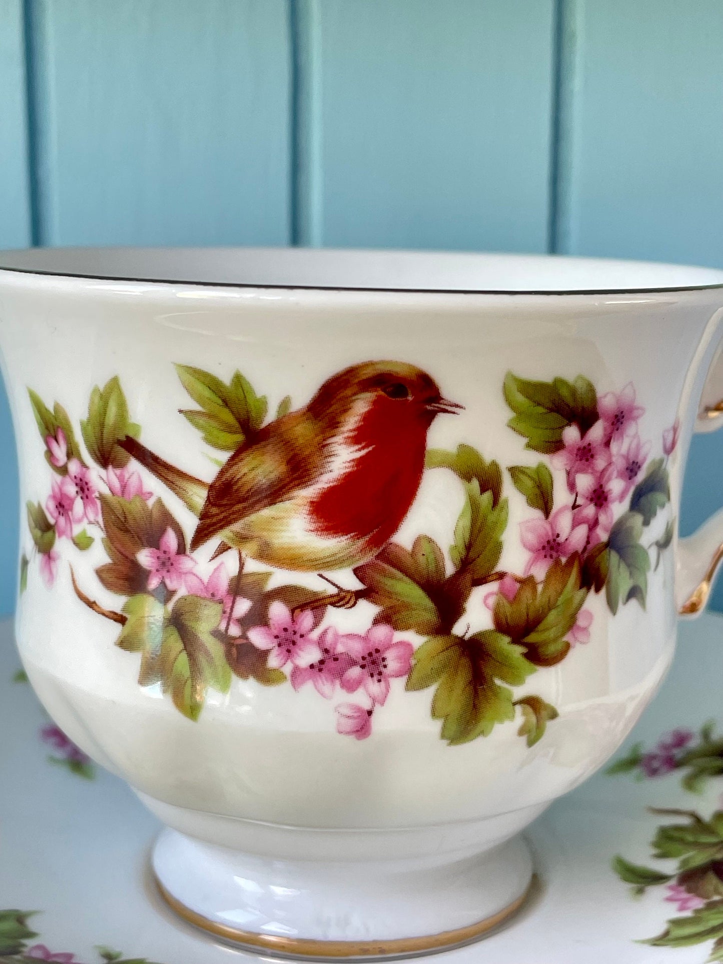Vintage Queen Anne Robin, Pink Floral Bone Tea Cup and Saucer, Antique English China, Previously Loved Vintage Cup, High-Tea Bridal Party