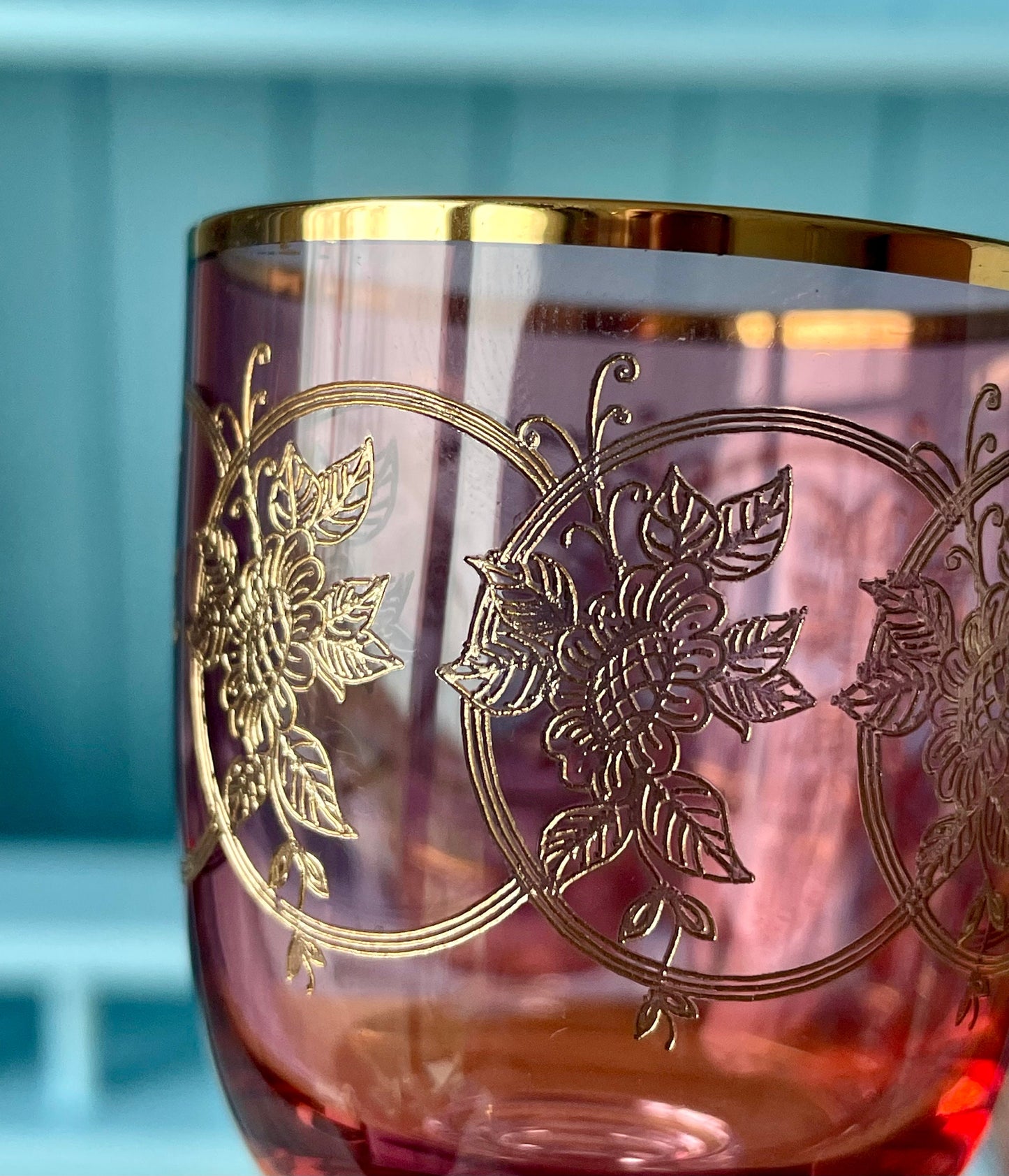 Antique Gold Rimmed Ruby Colored Sherry or Liqueur Glasses, Set of 6 Gold Engraved Glasses, Elegant Gold Detailing, Pre-War Pink/Ruby Glass