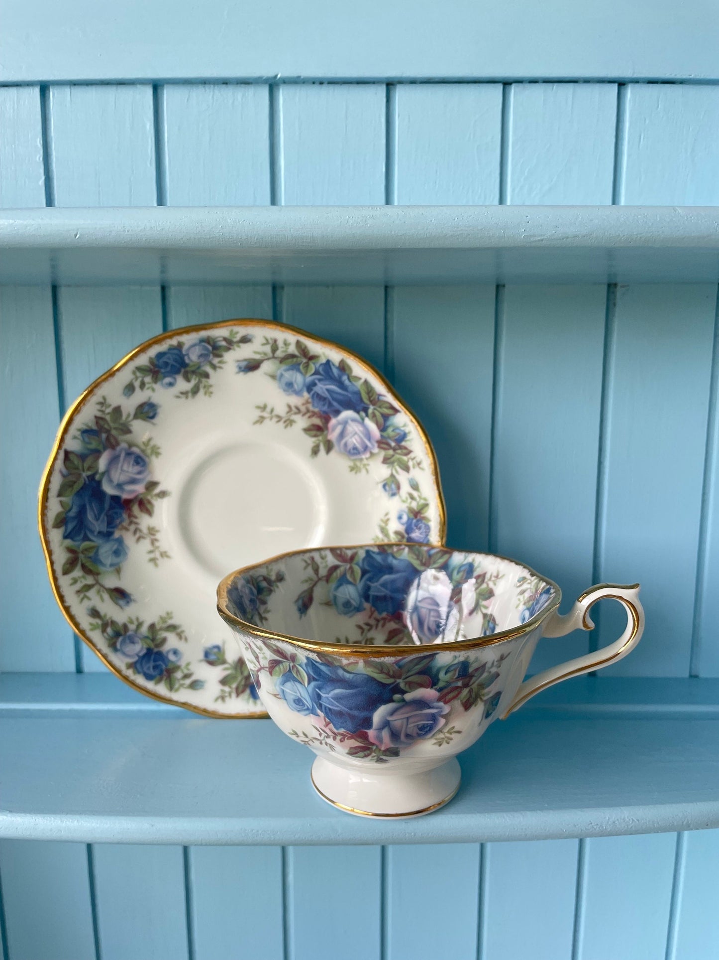 Pristine Avon Shaped Royal Albert "Moonlight Rose" Teacup & Saucer, Fine Bone China, Blue Roses Decor, Highly Sought After, Made in England